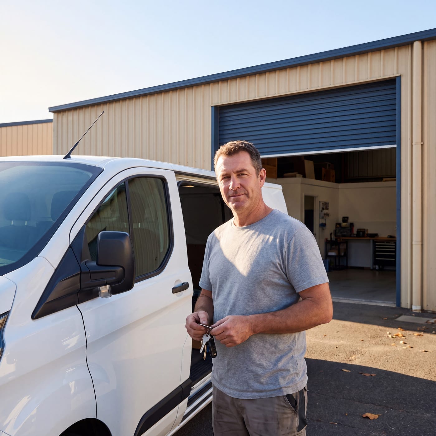 Man holding keys beside a white van outside an open workshop roller door
