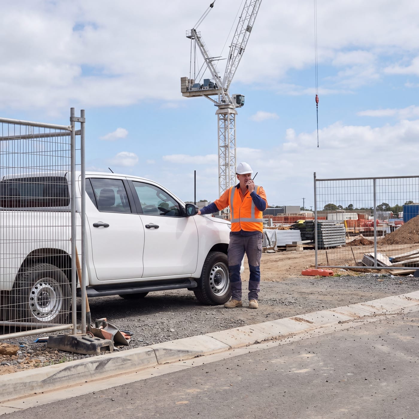 Ute parked at a fenced building site with a crane overhead