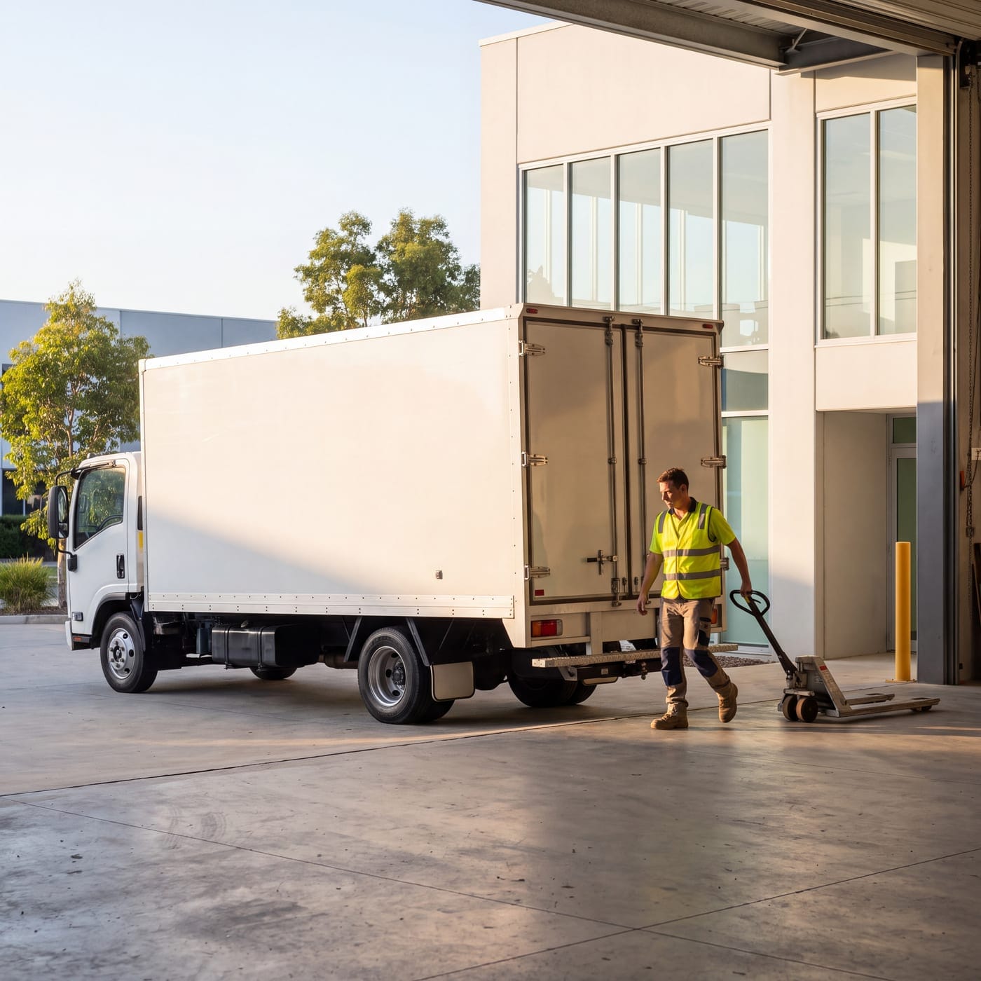 Worker in hi-vis wheeling a pallet jack behind a box truck at a loading dock
