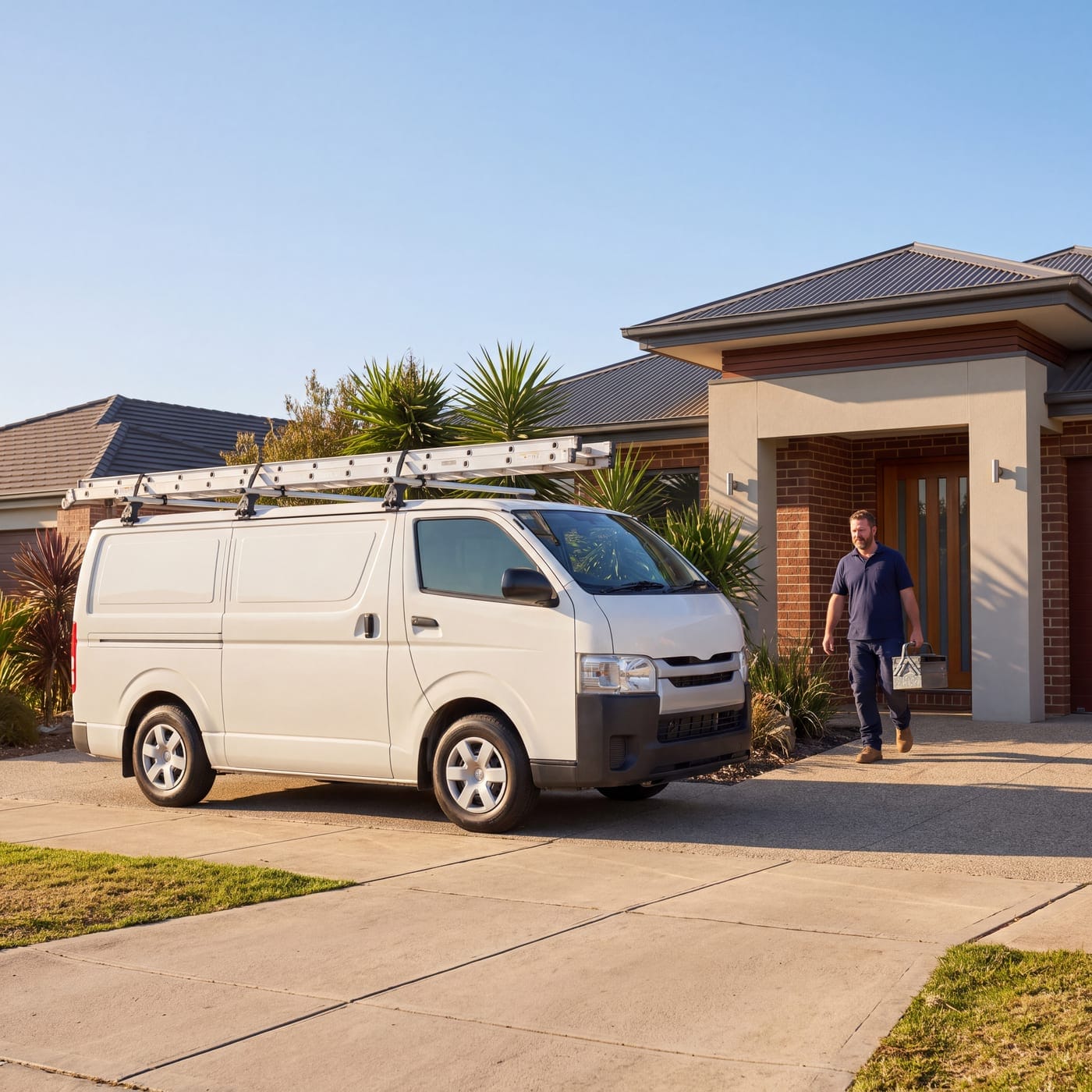 Tradesperson carrying a bag from a house towards a white van with ladder racks