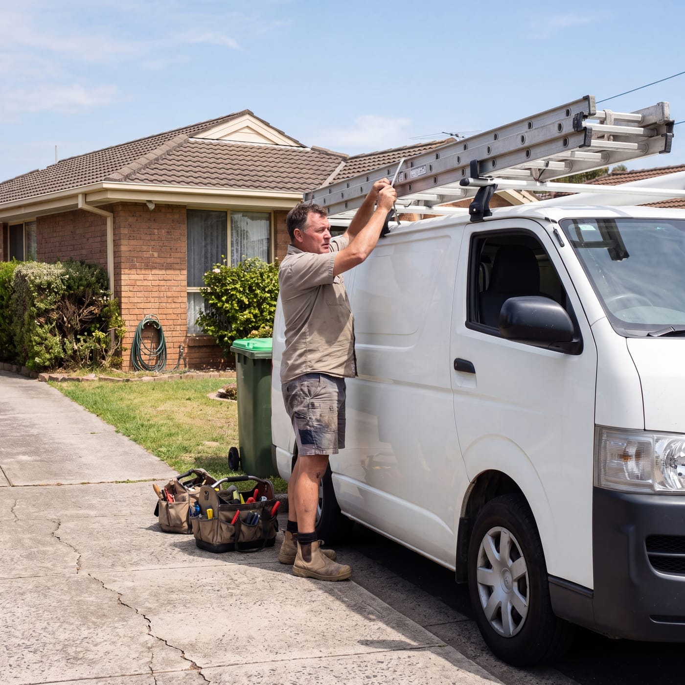 Tradesperson securing a ladder to the roof rack of a van outside a house