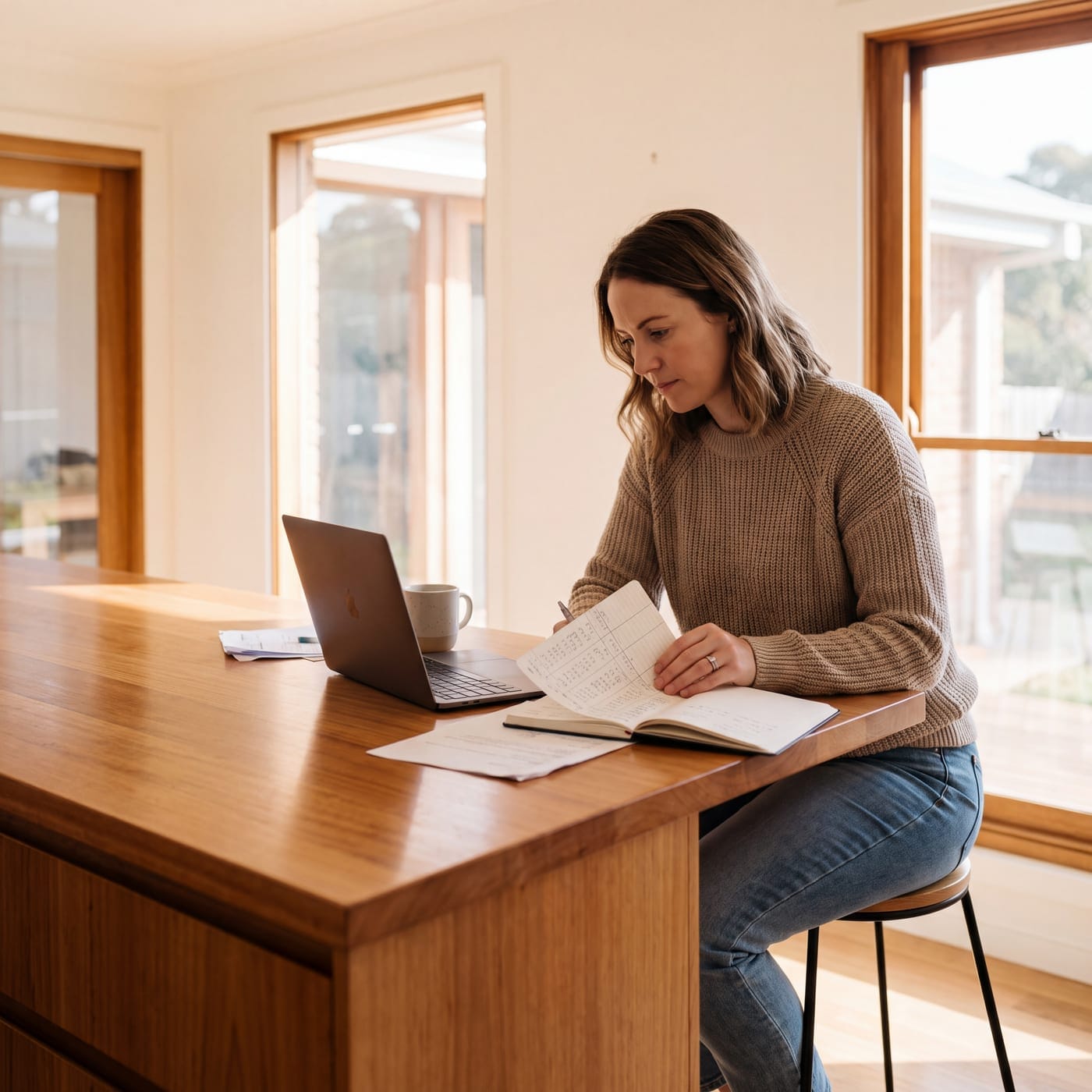 Woman at a kitchen bench comparing a notebook against a laptop screen