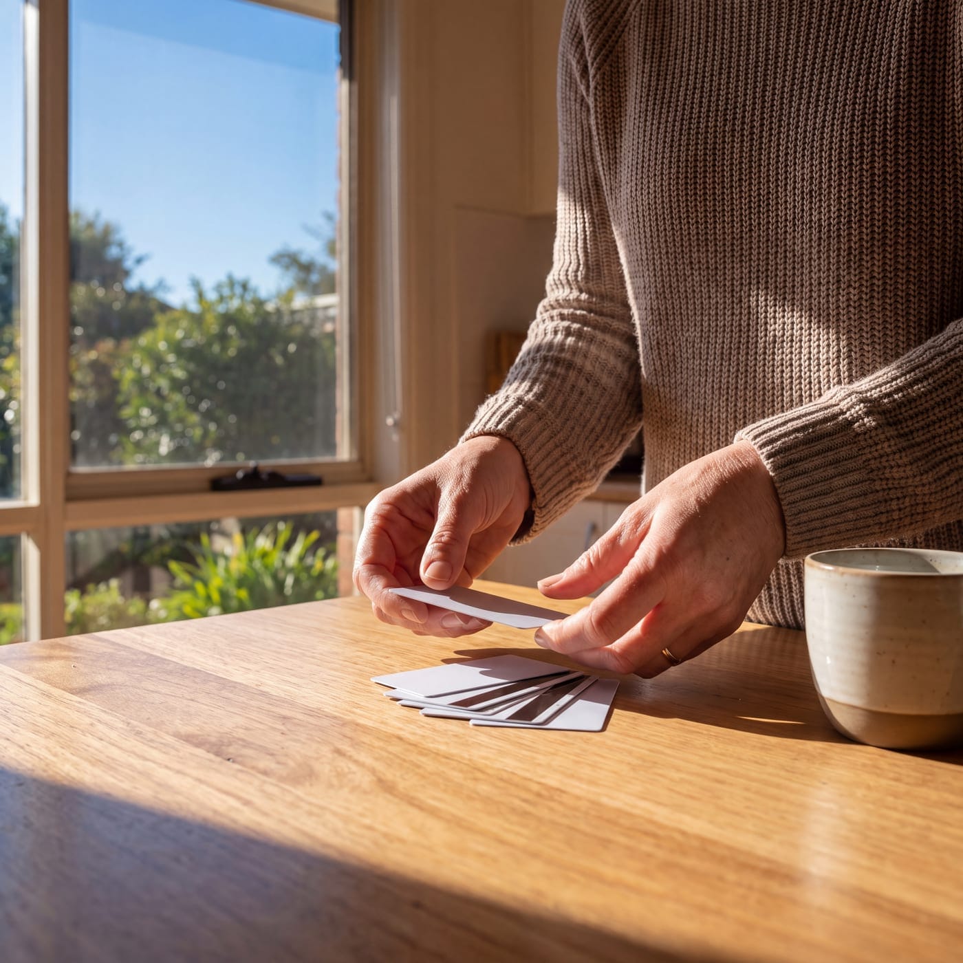 Close-up of hands fanning out a stack of cards on a timber table beside a mug