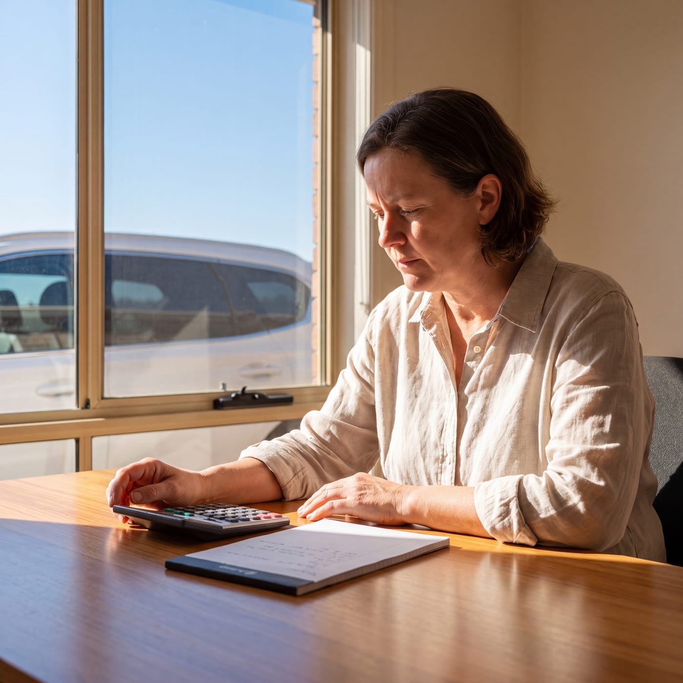 Woman working through figures on a calculator at a dining table by a window