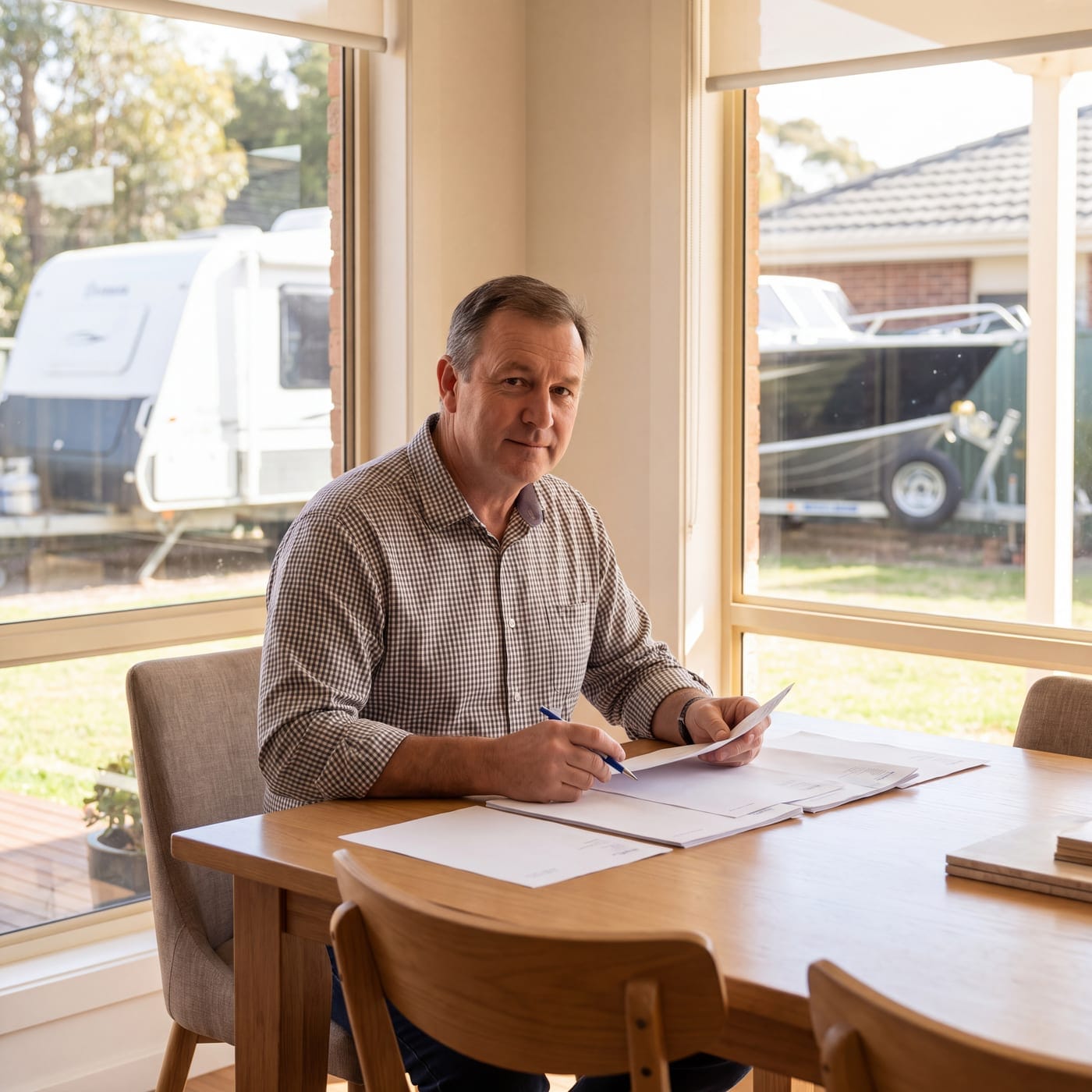 Man at a dining table with paperwork, a caravan and a boat visible through the window behind him