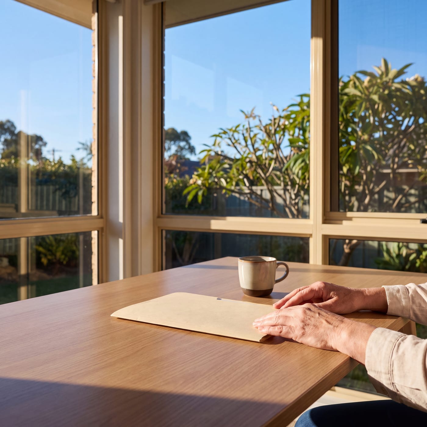 Hands resting on a single closed folder on a sunlit dining table