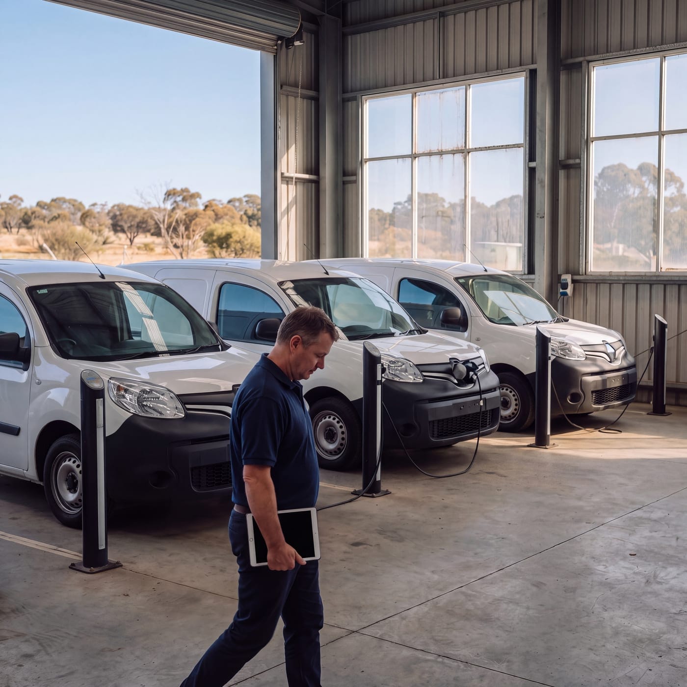 Man with a tablet walking past a row of small vans plugged into chargers inside a depot