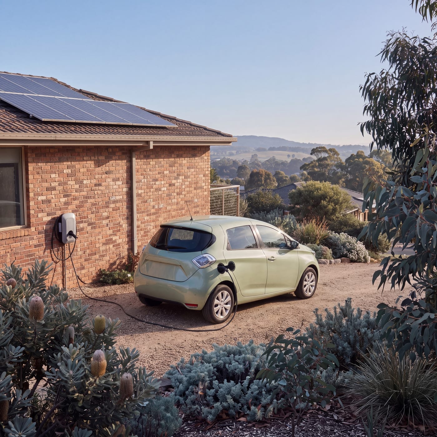Small pale green hatchback charging beside a brick house with solar panels on the roof