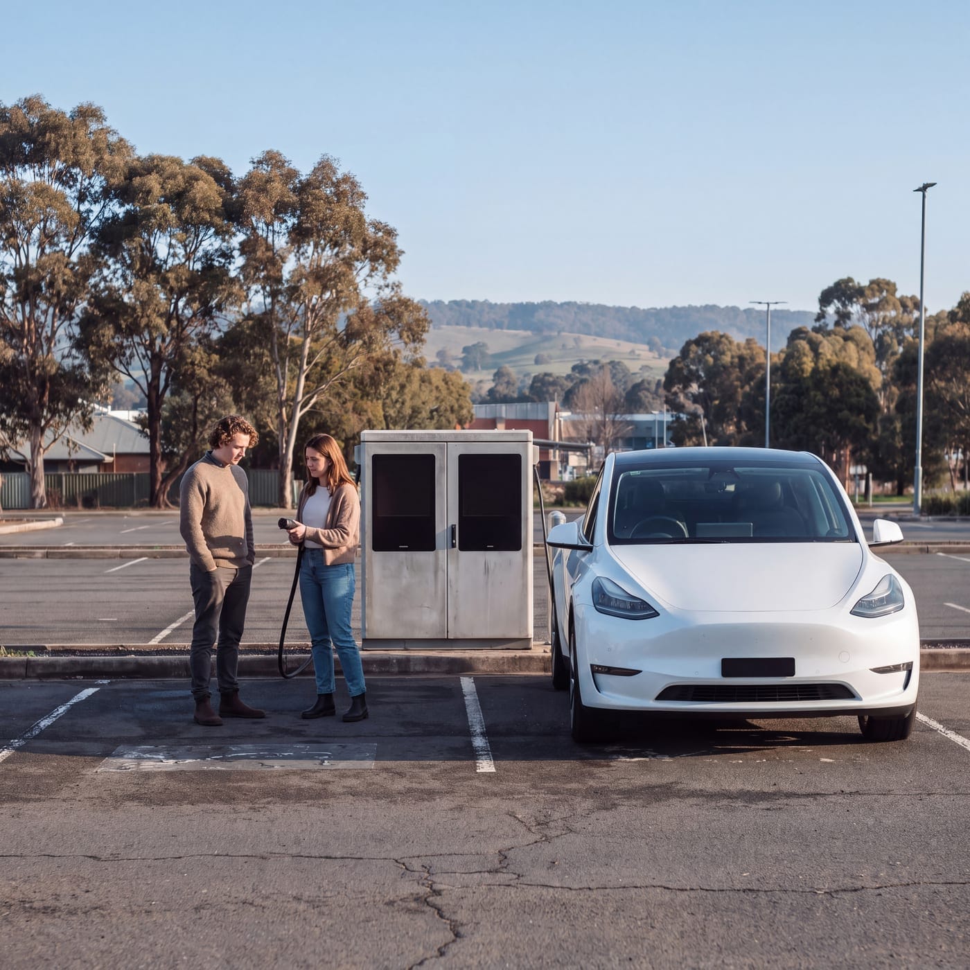 Couple reading the instructions at a public charging station beside a white car