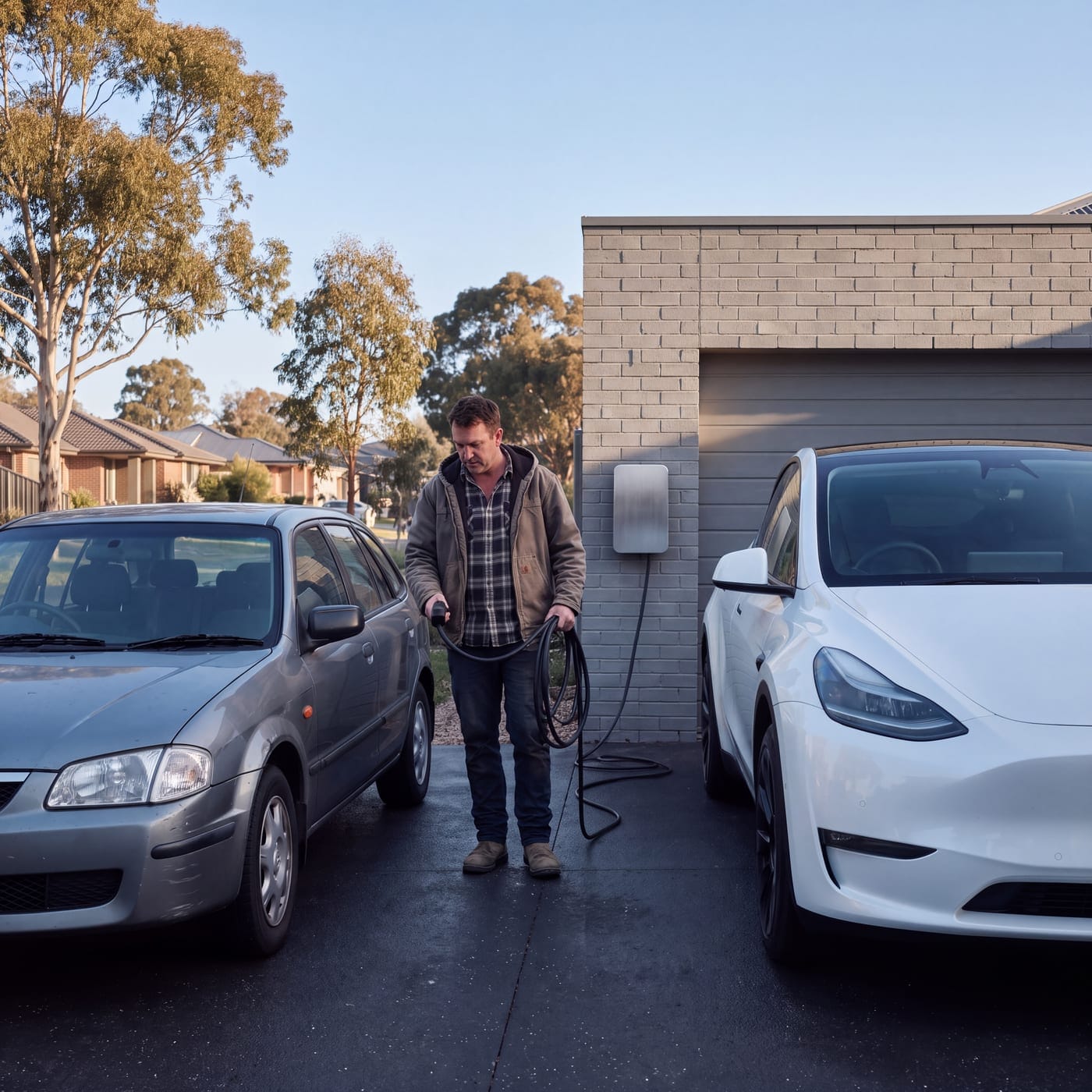 Man holding a charging cable between an older sedan and a white electric car in a driveway