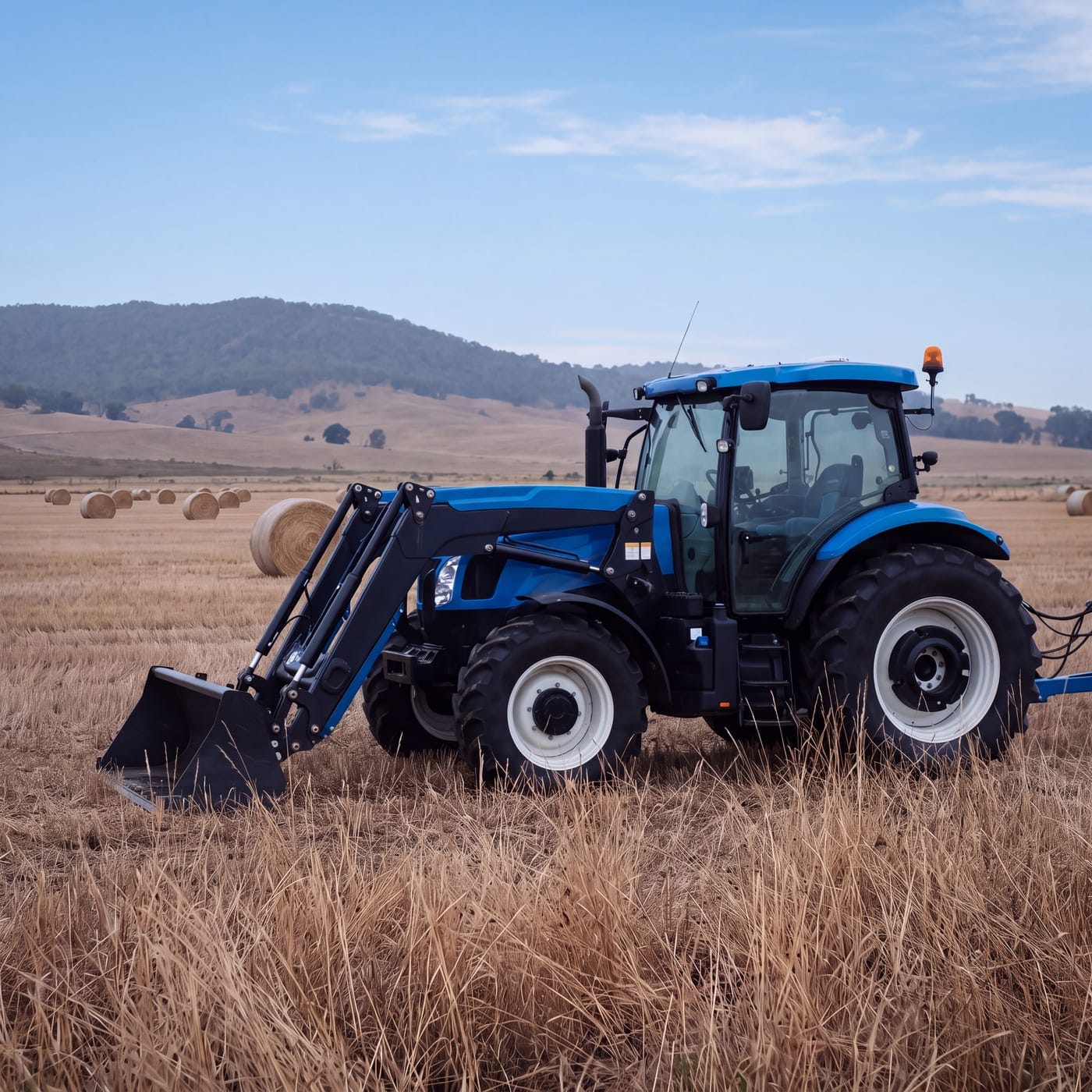 Tractor with a front loader in a stubble paddock on a foggy morning