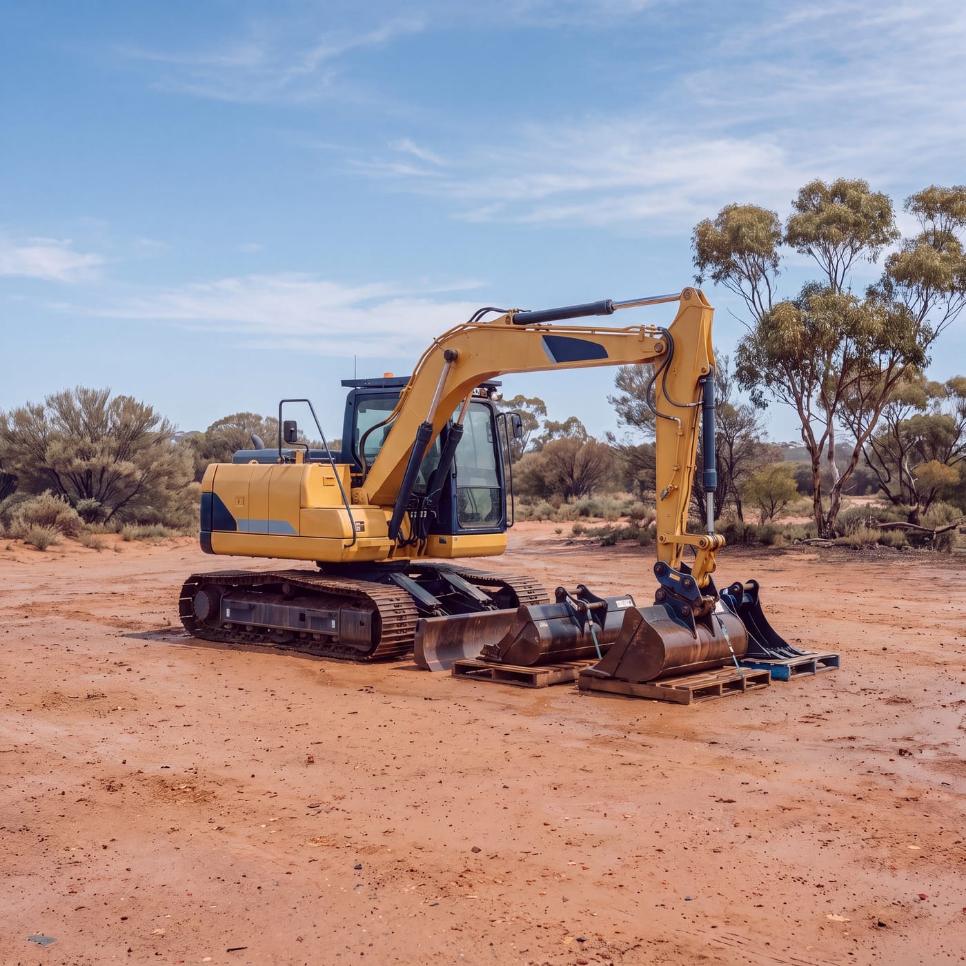 Tracked excavator on red earth with spare buckets lined up beside it