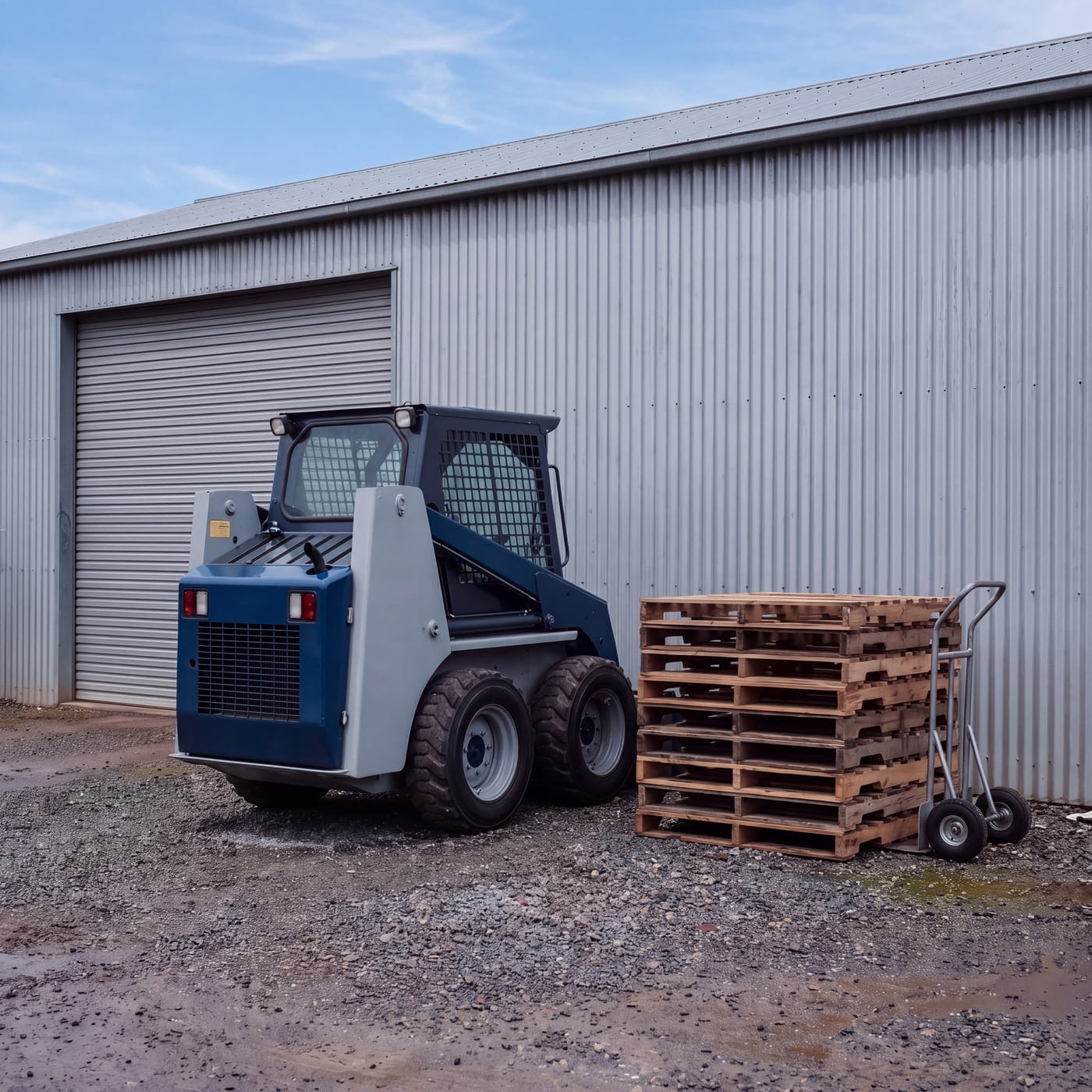 Skid steer loader parked outside a shed beside stacked pallets