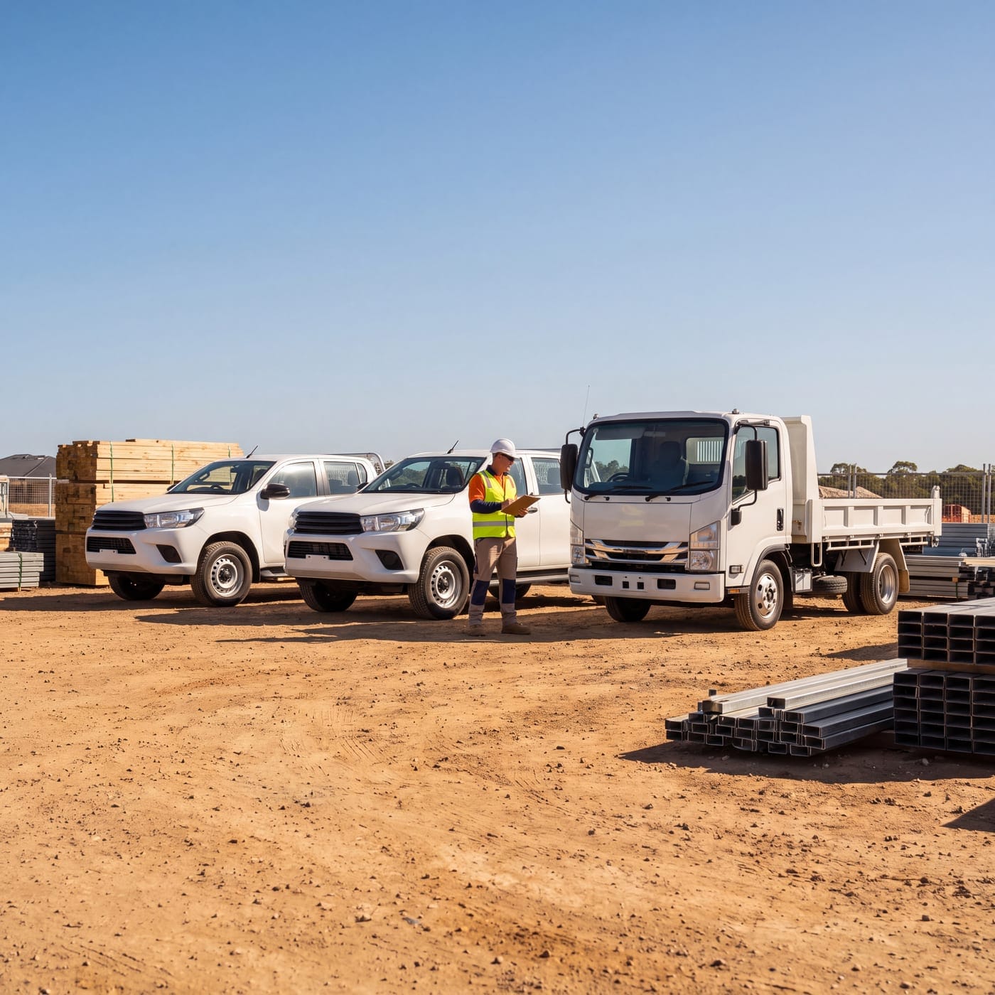 Worker in hi-vis with a tablet beside a tipper truck and two utes on a dirt site