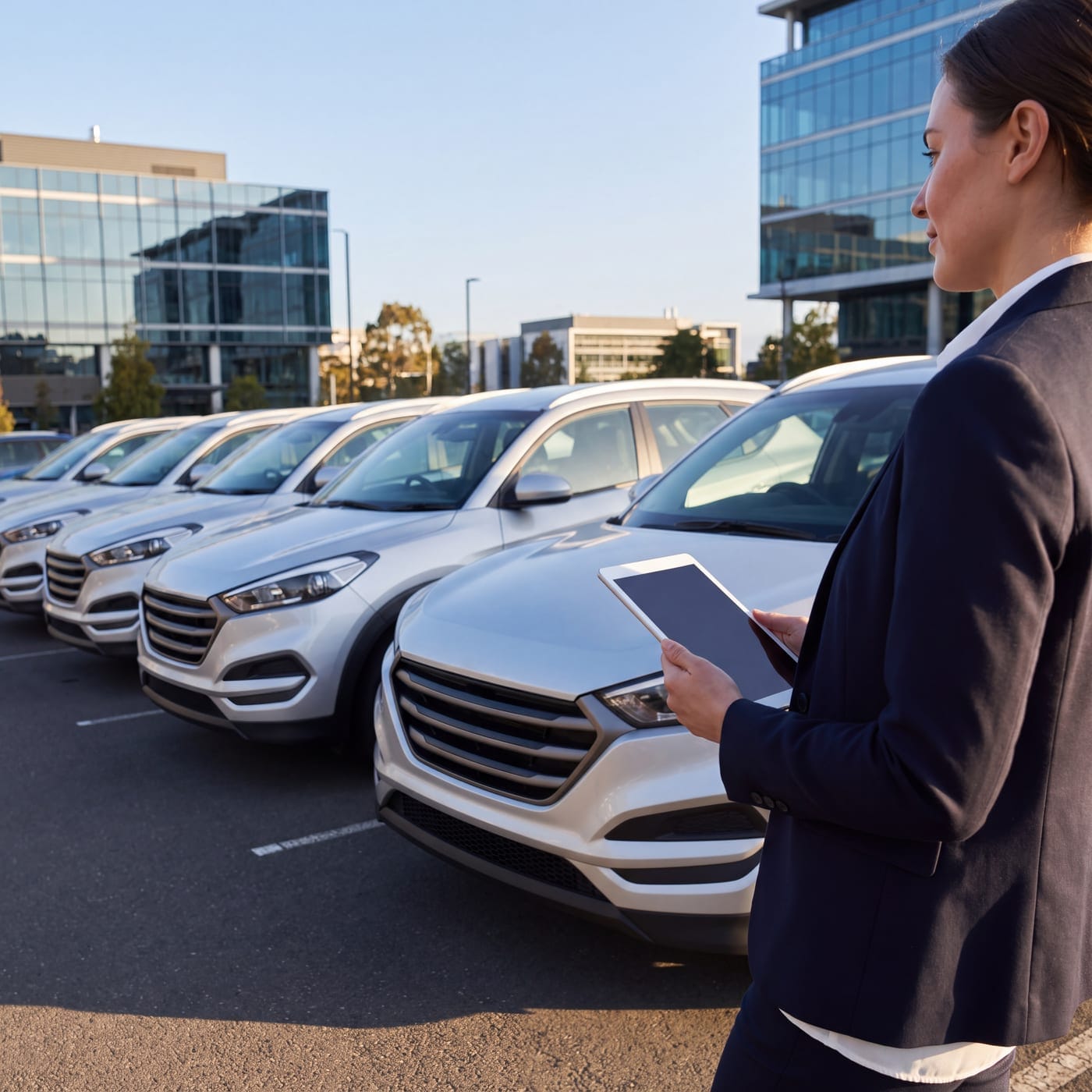 Woman in a suit holding a tablet in front of a row of white SUVs outside an office building