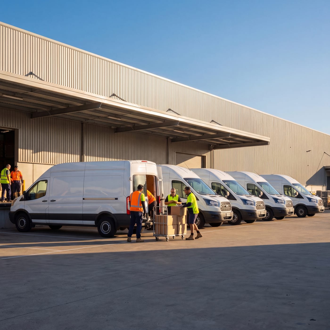 Workers loading parcels into a row of white vans at a warehouse loading dock