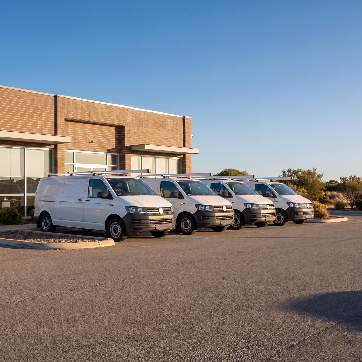 Row of white vans with roof racks parked outside a brick office