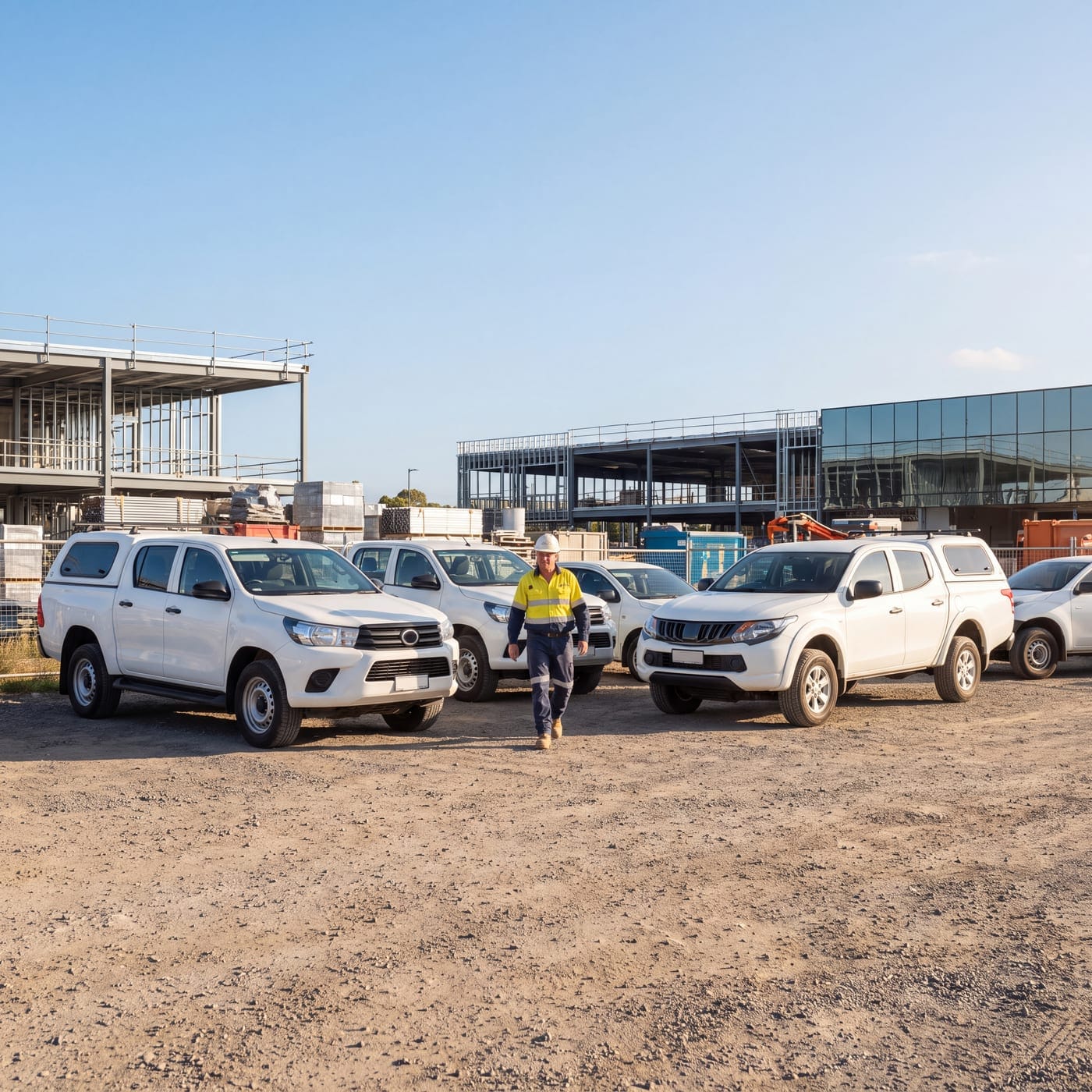 Worker in hi-vis walking between parked utes on a construction site