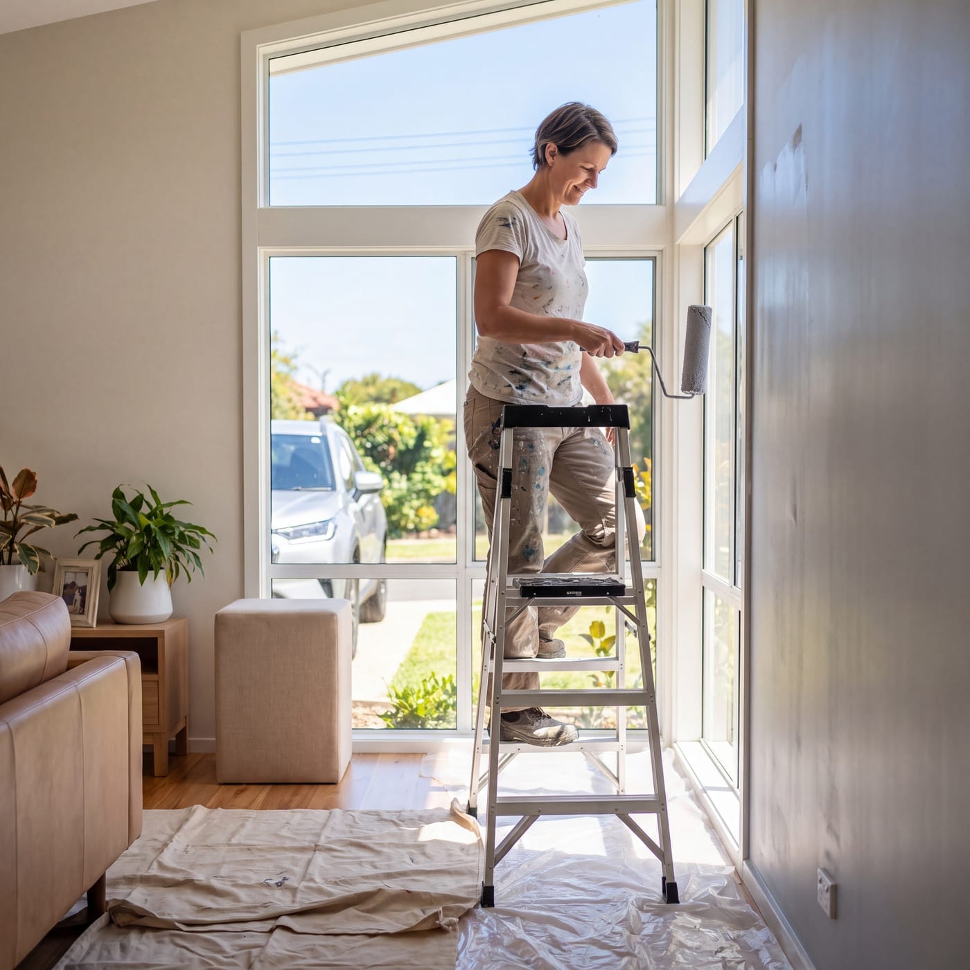 Woman on a step ladder rolling paint onto a wall beside a tall window