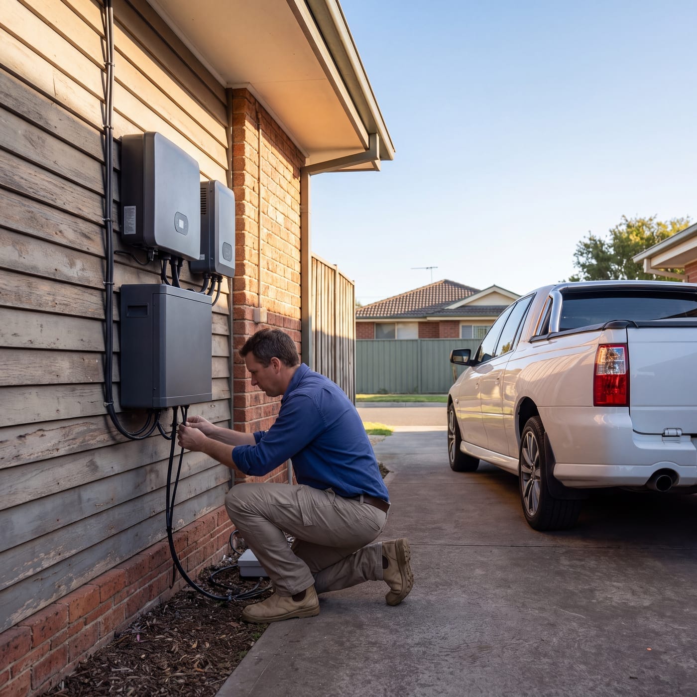 Man crouching to connect a home battery unit mounted on a weatherboard wall