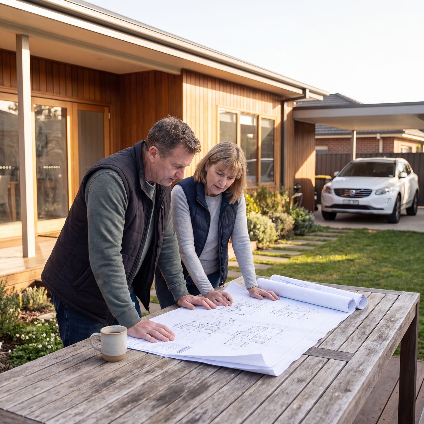 Couple studying building plans on an outdoor table in front of a timber-clad house