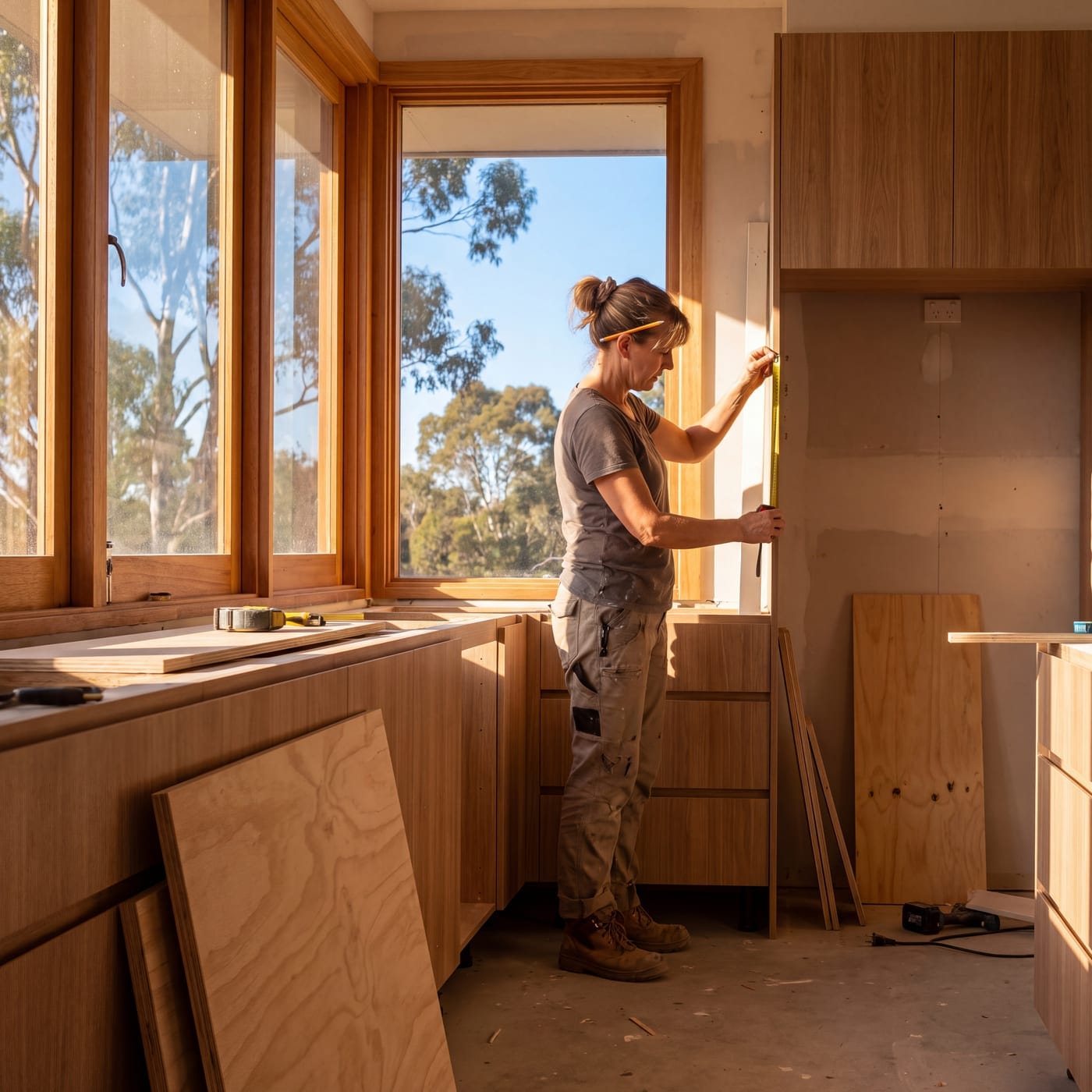 Woman measuring a wall in a part-built timber kitchen