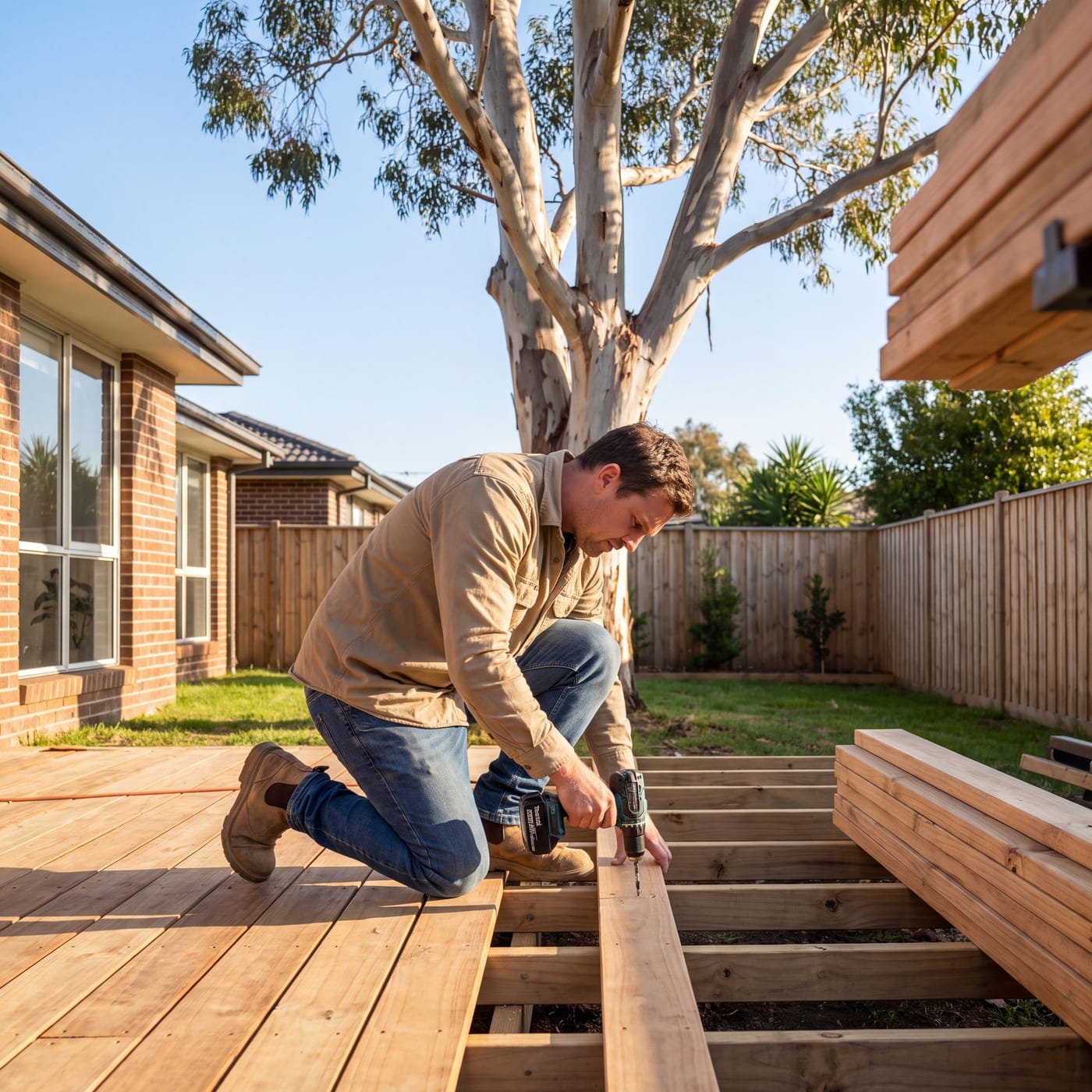 Man kneeling on a new deck frame with a cordless drill in a suburban backyard