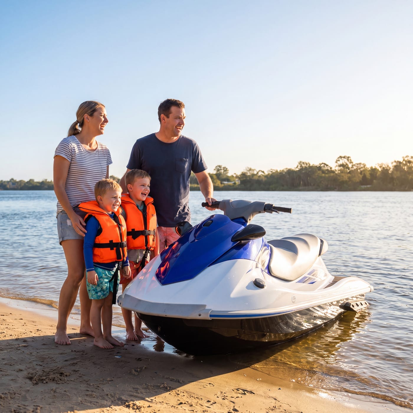 Family in life jackets standing beside a jet ski at the water's edge