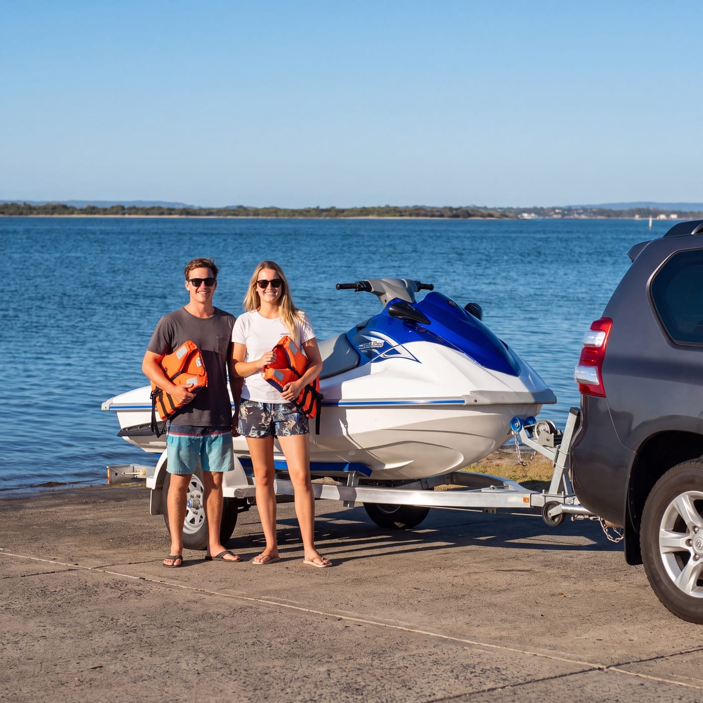 Couple holding life jackets beside a jet ski on a trailer at a boat ramp