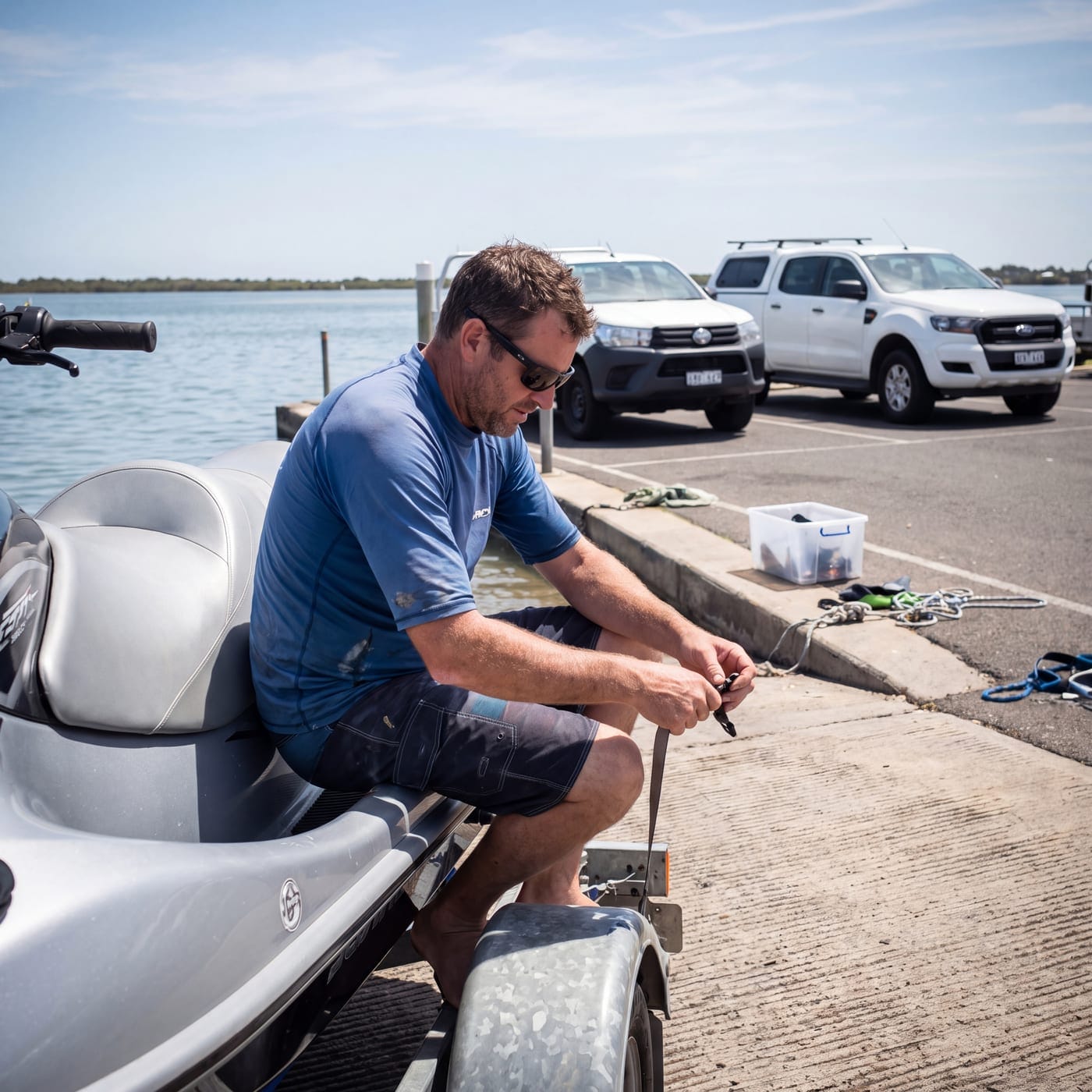Jet ski on a trailer parked on a suburban driveway