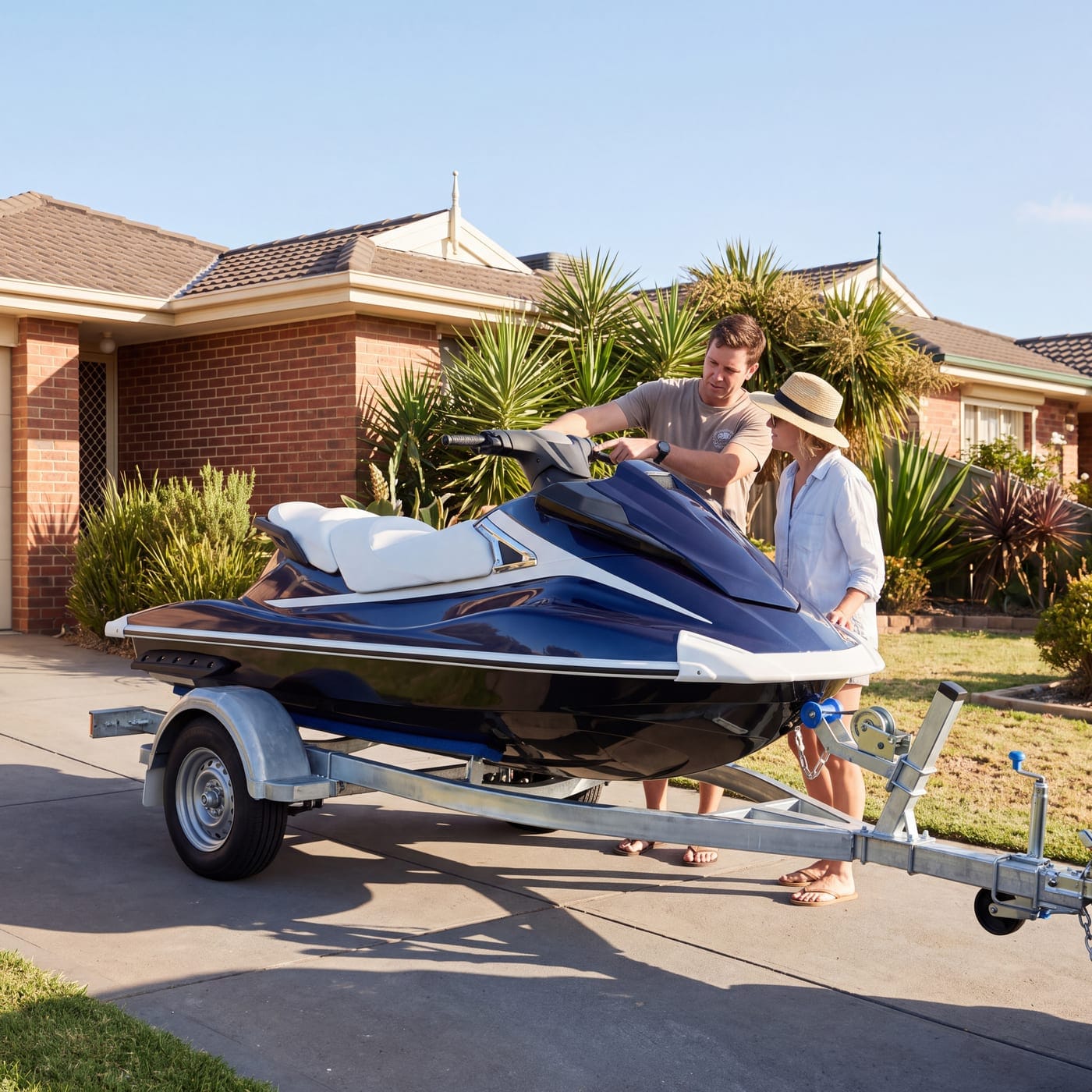 Two people inspecting a jet ski on a trailer in a front yard