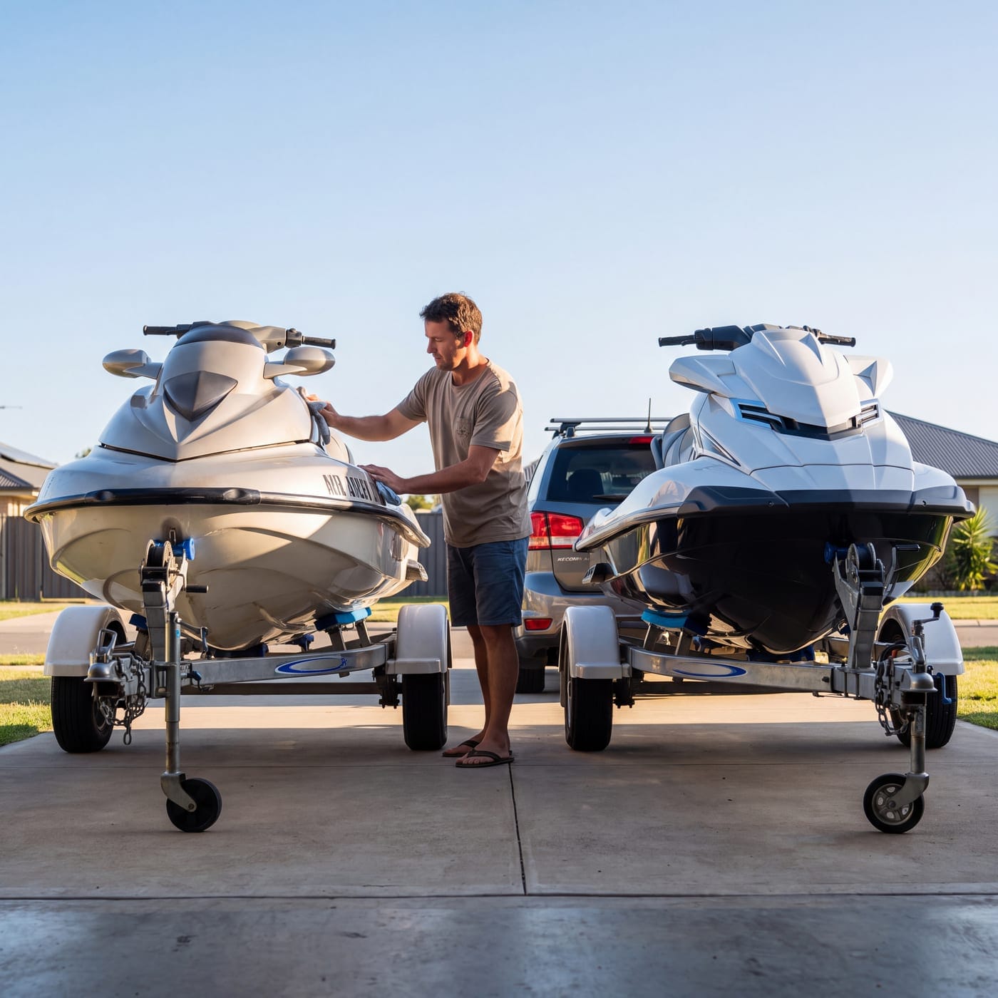 Man standing between two jet skis on trailers in a driveway