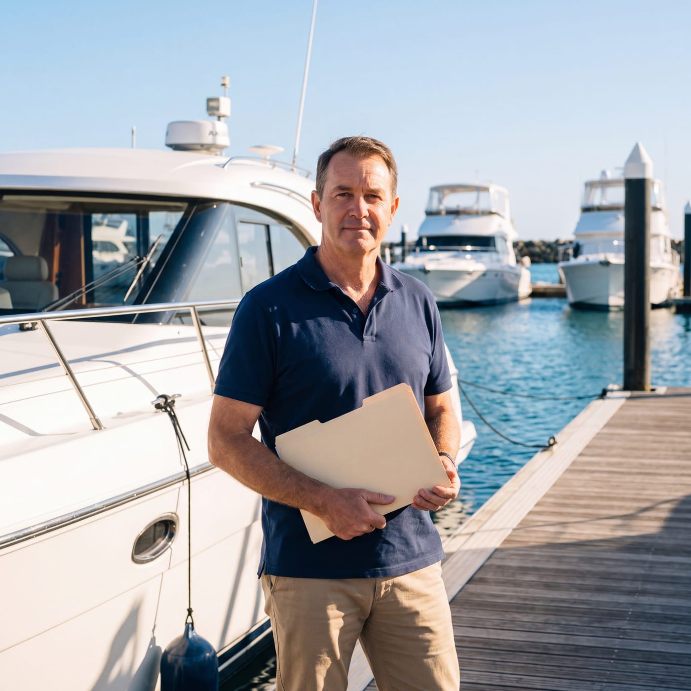 Man holding a folder on a marina jetty beside a moored cruiser