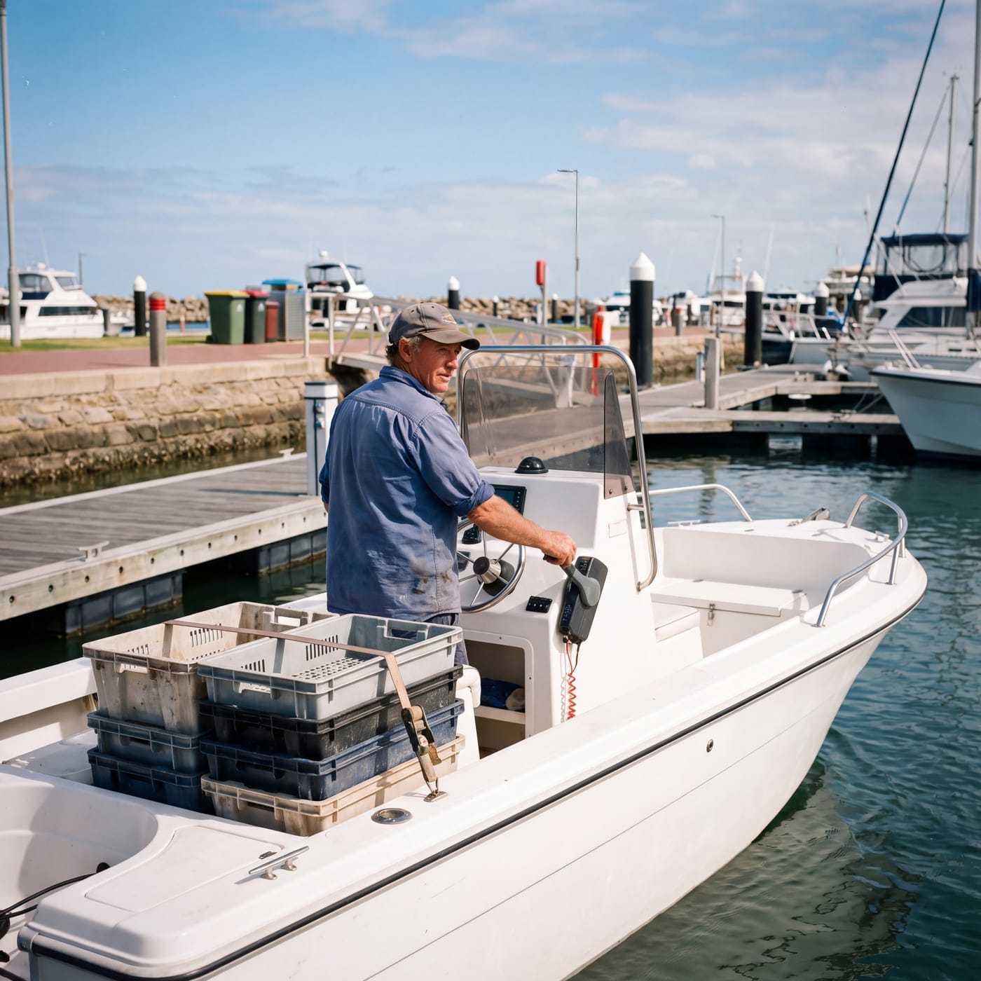 Operator stacking crates on the deck of a boat tied up at a marina jetty