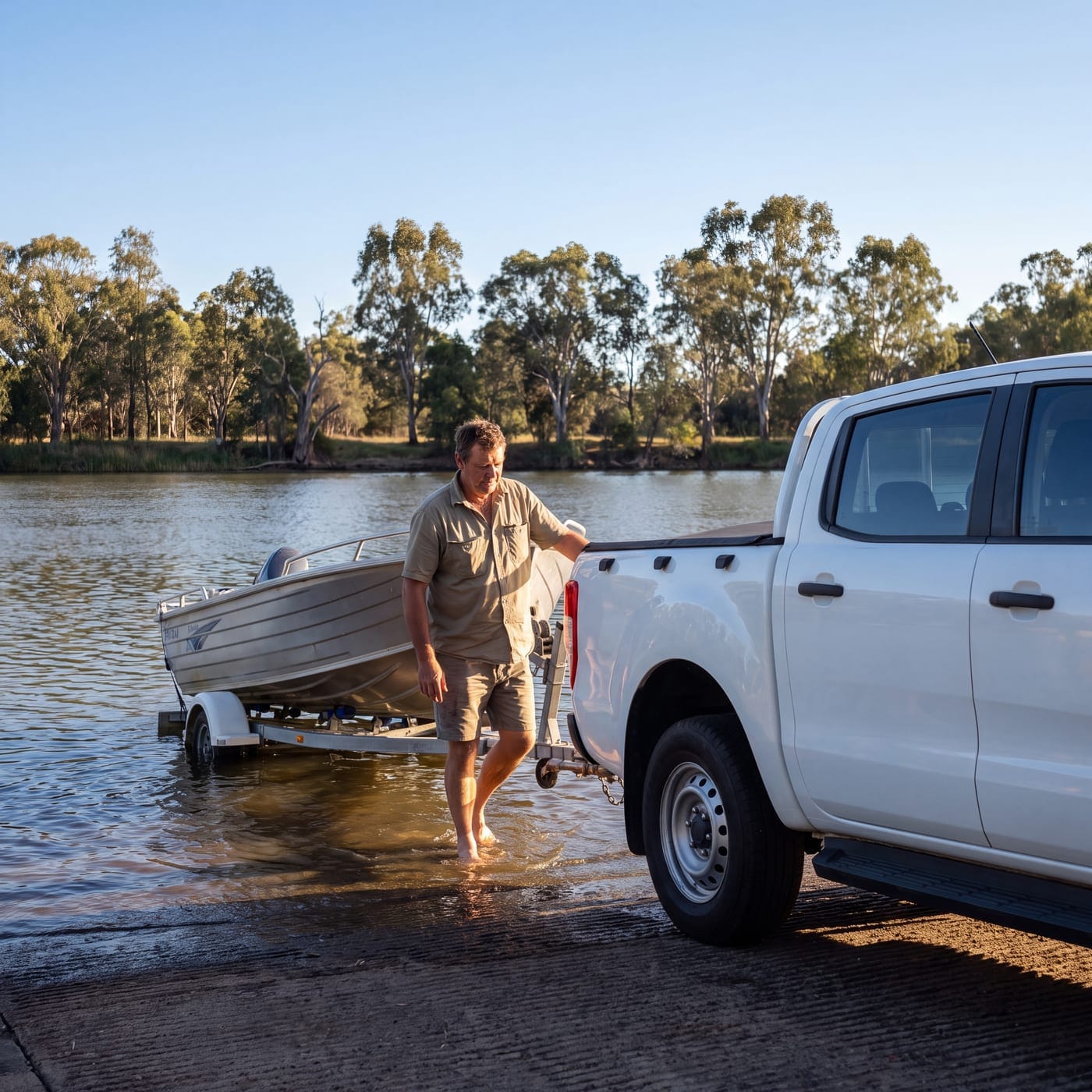 Man guiding a small aluminium boat onto a trailer behind a ute at a riverside ramp