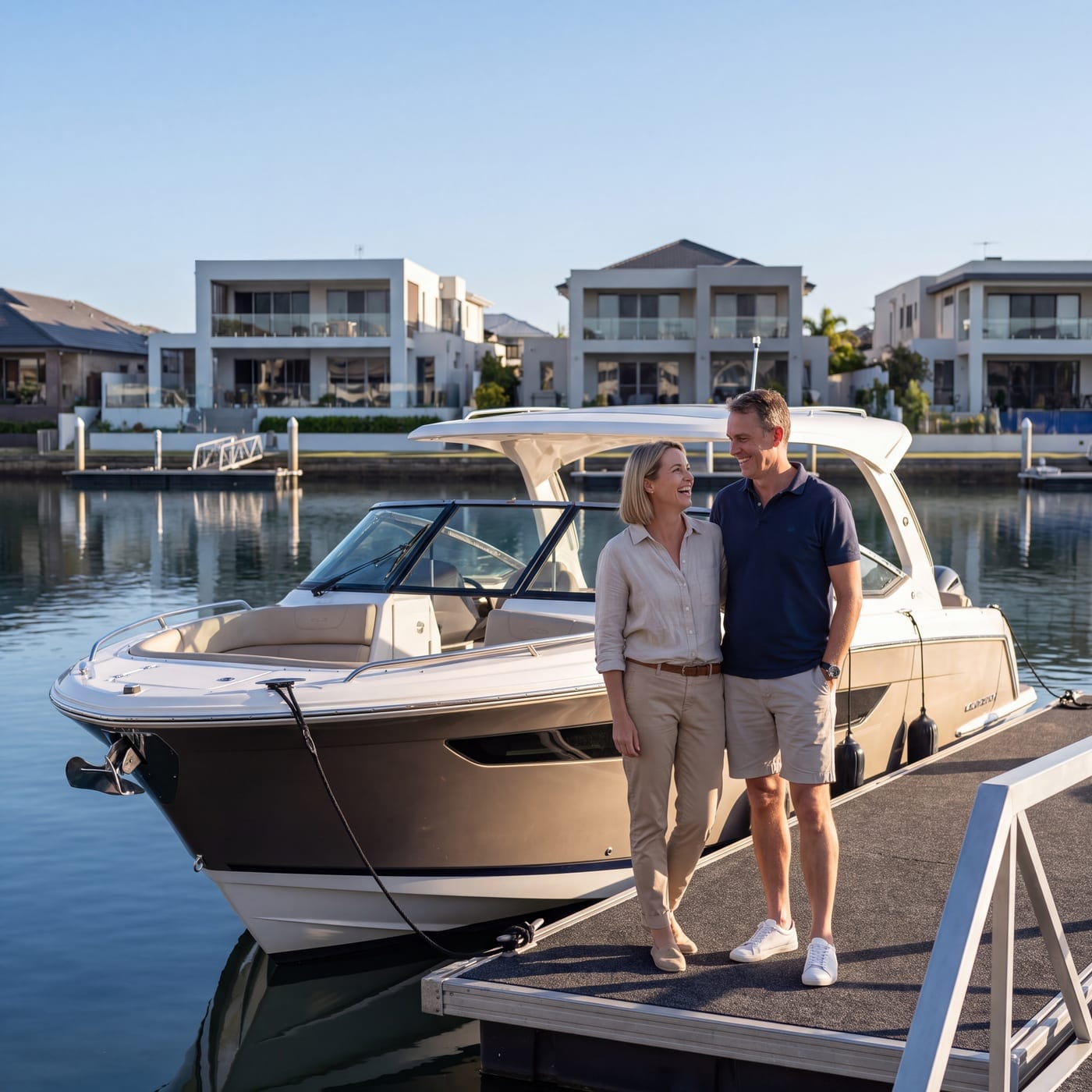 Couple on a pontoon beside a bowrider boat with waterfront houses behind