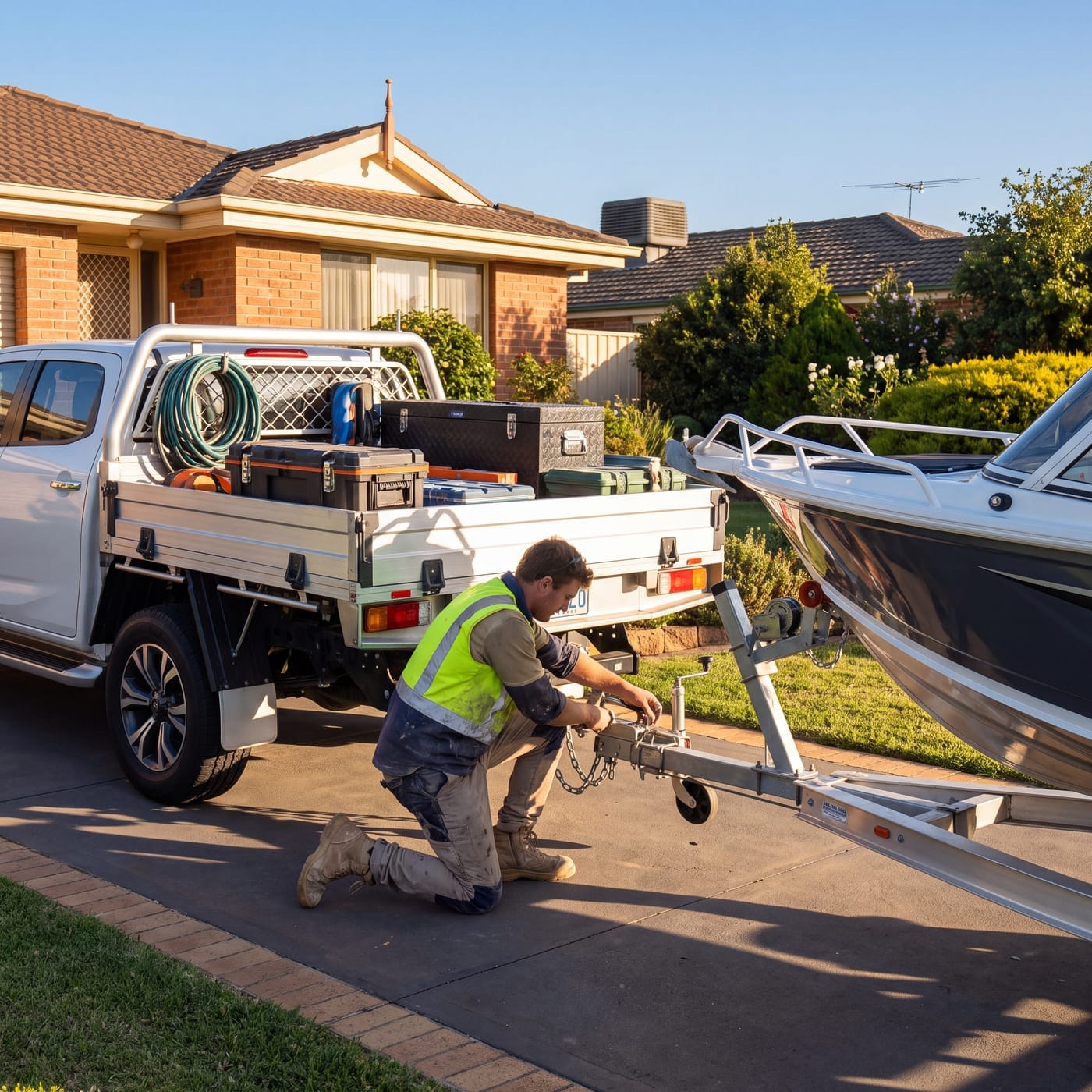 Worker in hi-vis hitching a boat trailer to a tray-back ute in a driveway
