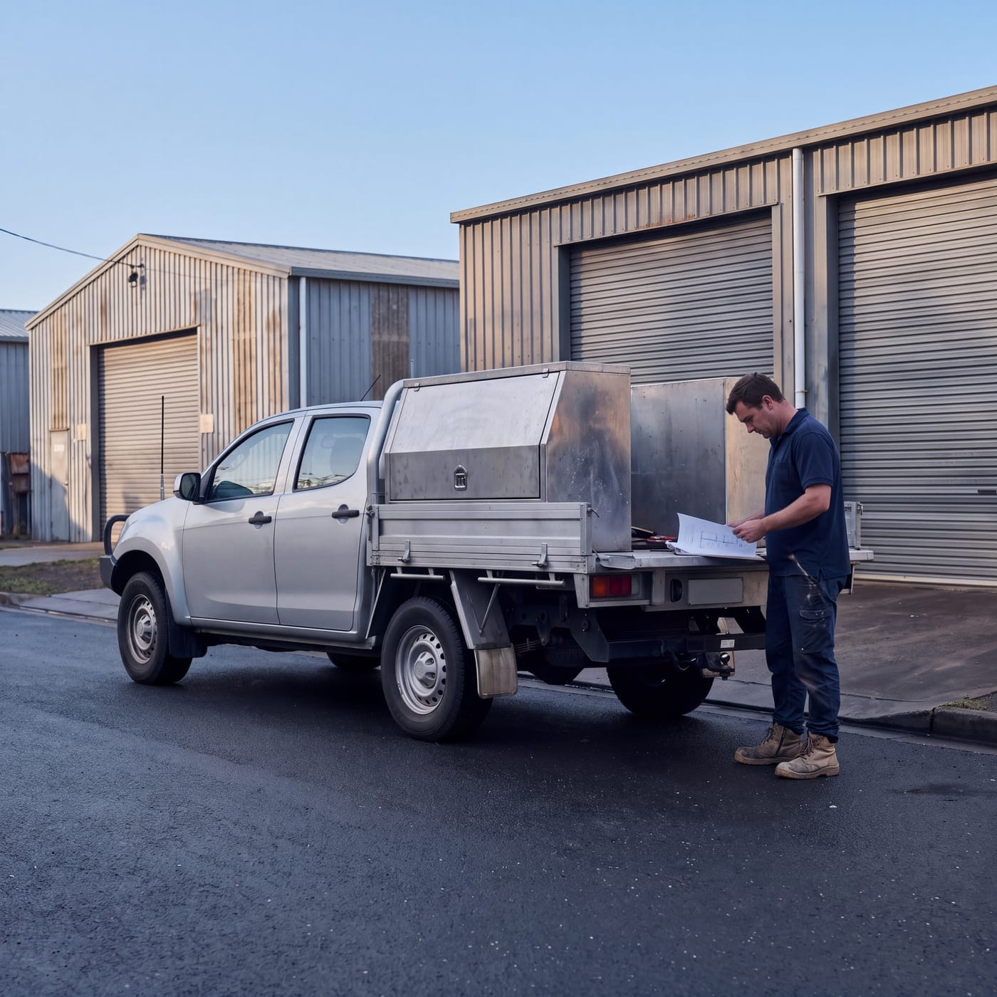 Tradesperson reading plans at the tray of a dual-cab ute outside a row of sheds