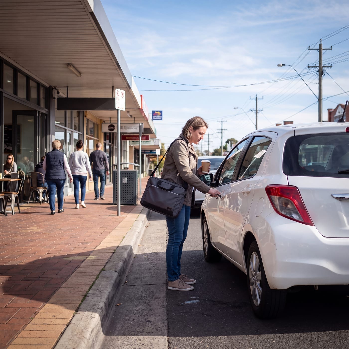 Woman loading a bag into a car parked on a shopping strip