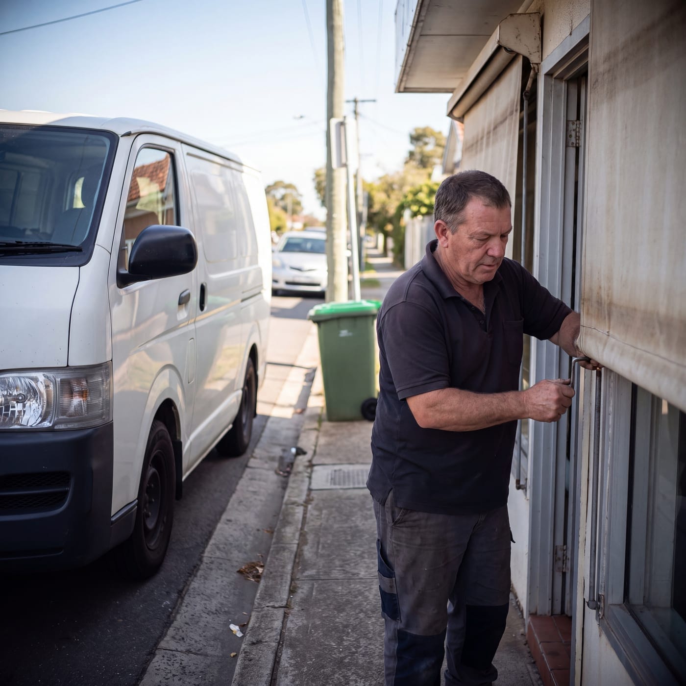 Man unlocking a side door beside a parked van on a suburban street