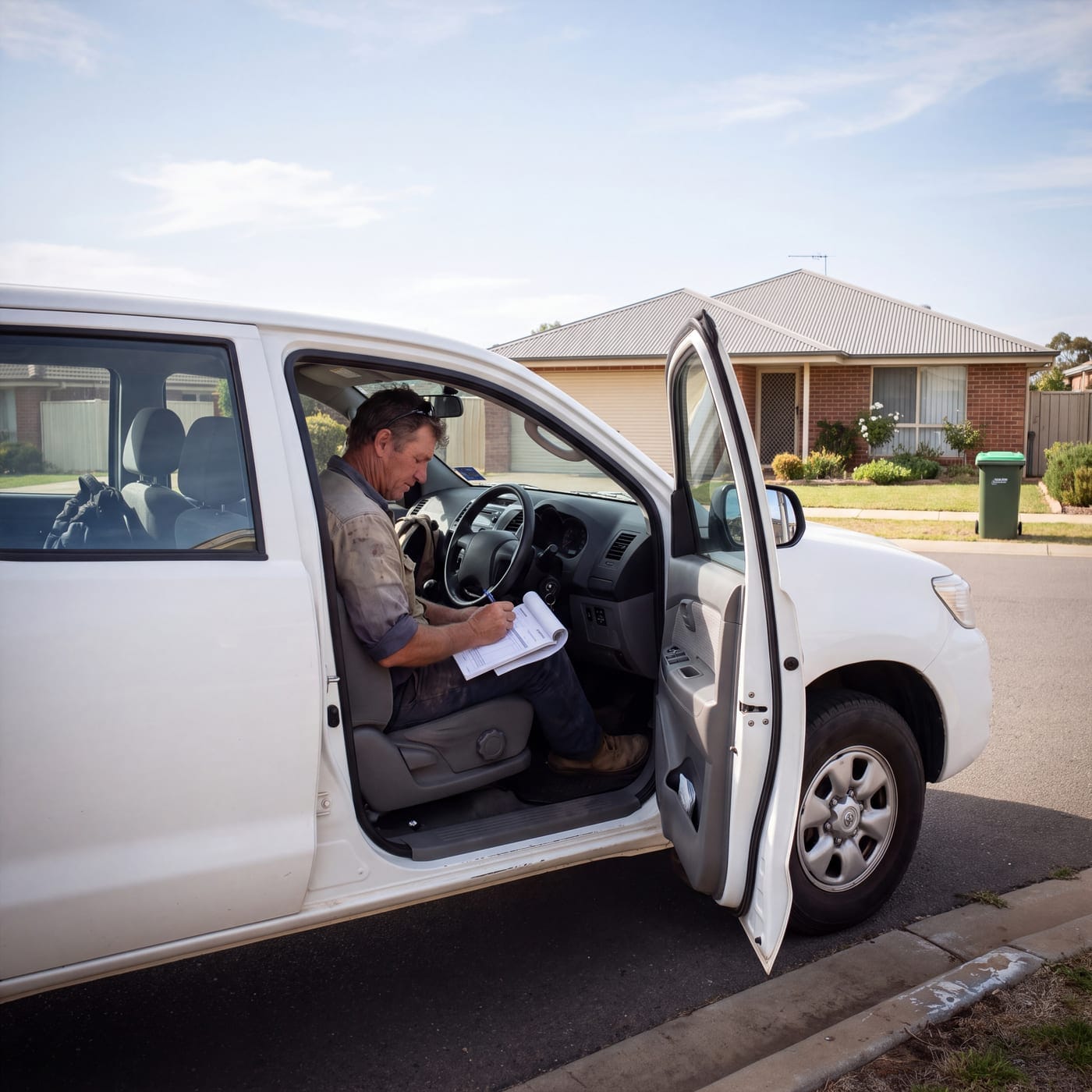 Man sitting in the driver's seat of a parked car filling in paperwork