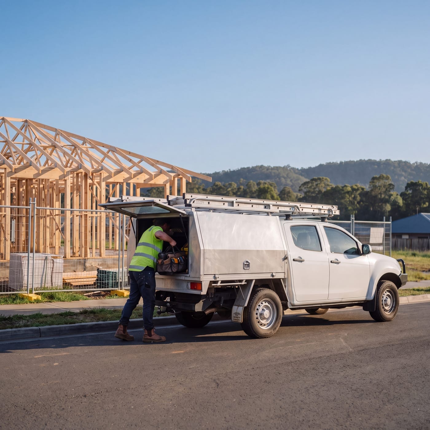 Tradesperson in hi-vis loading tools into a ute canopy beside a house frame