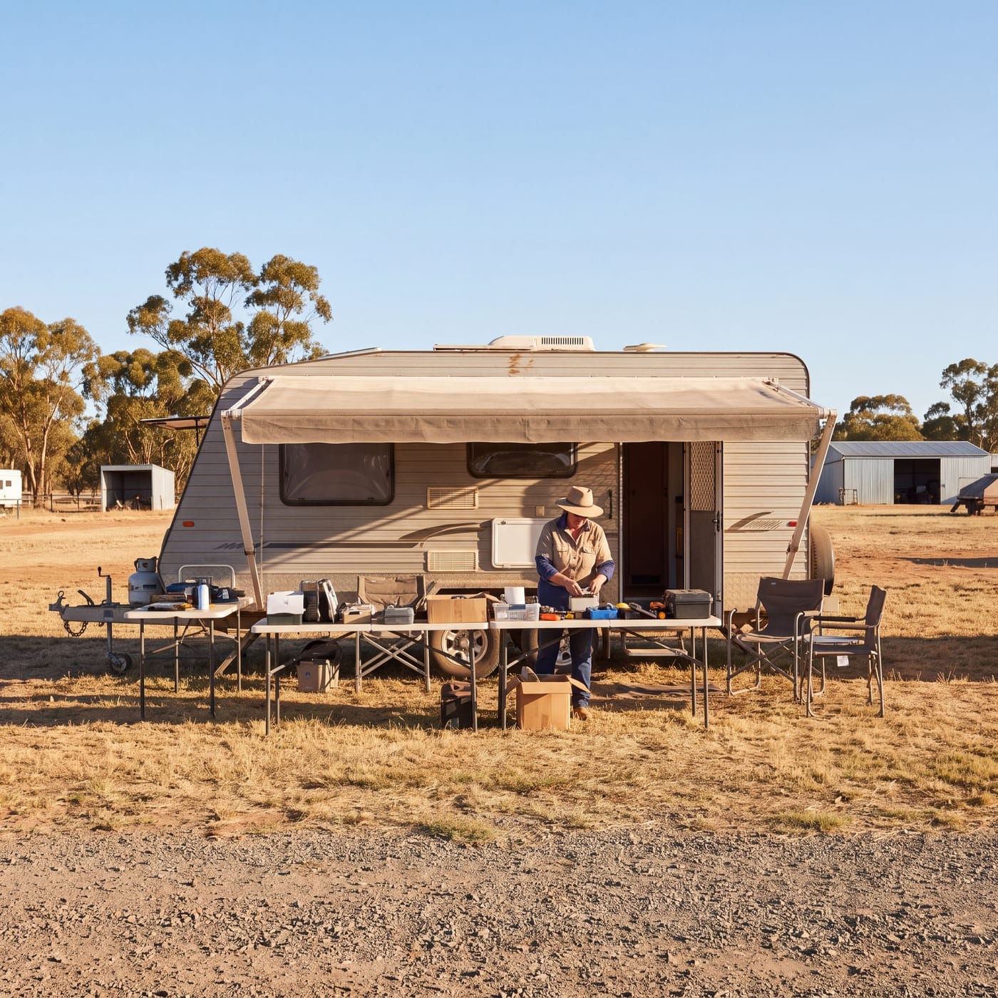 Person packing equipment at a folding table beside a caravan on a dry paddock