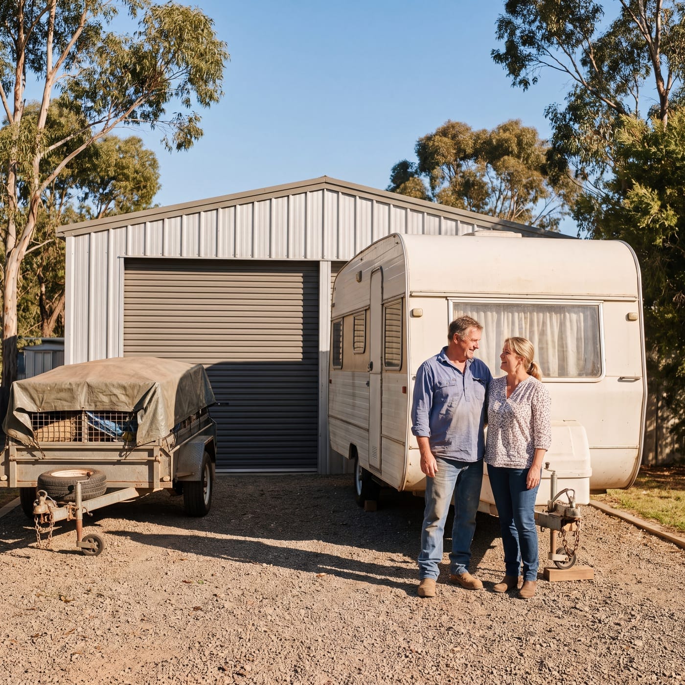 Couple standing beside a caravan and a covered trailer in front of a shed
