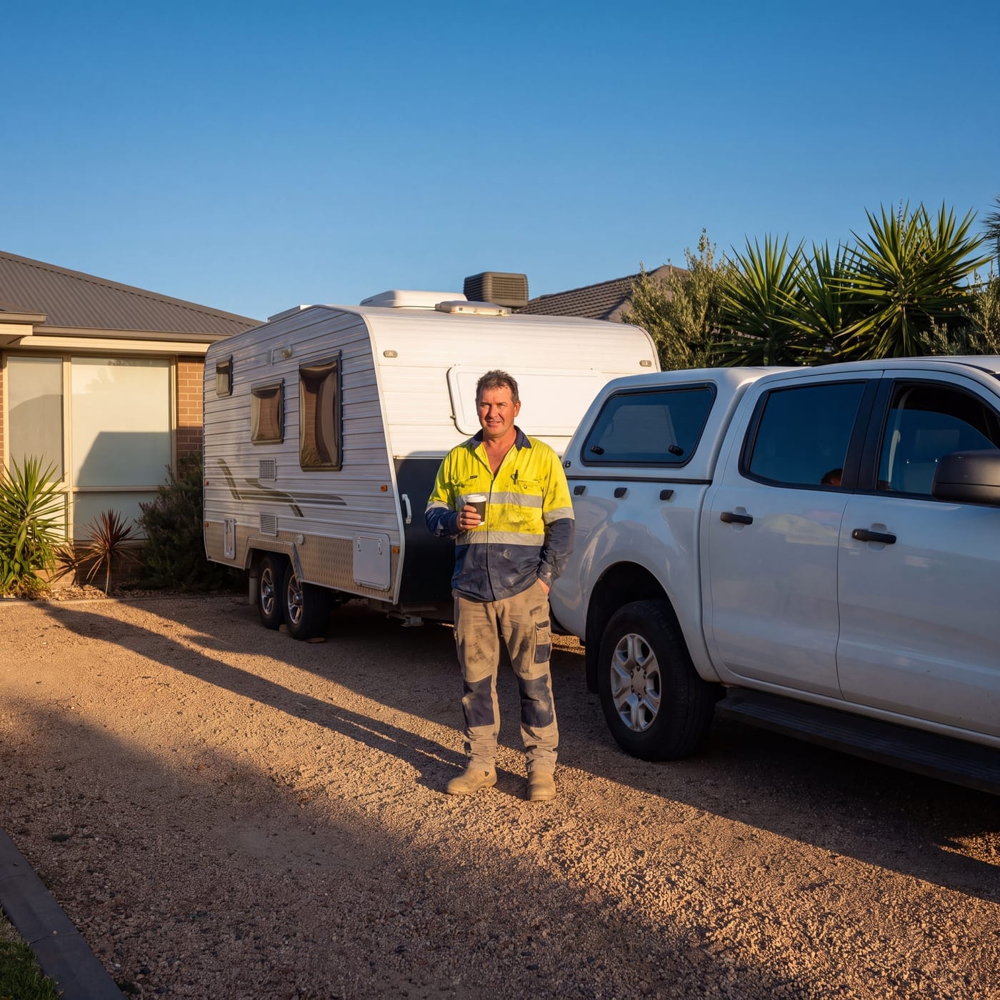 Worker in hi-vis holding a coffee between a caravan and a ute in a driveway