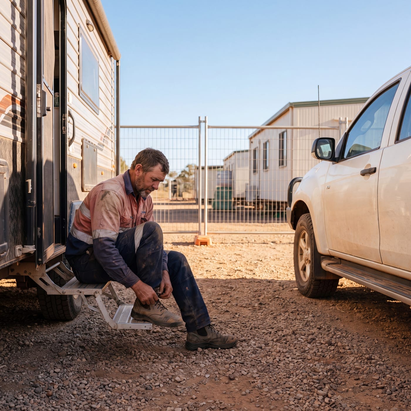Worker lacing boots on the step of a caravan parked beside a fenced site