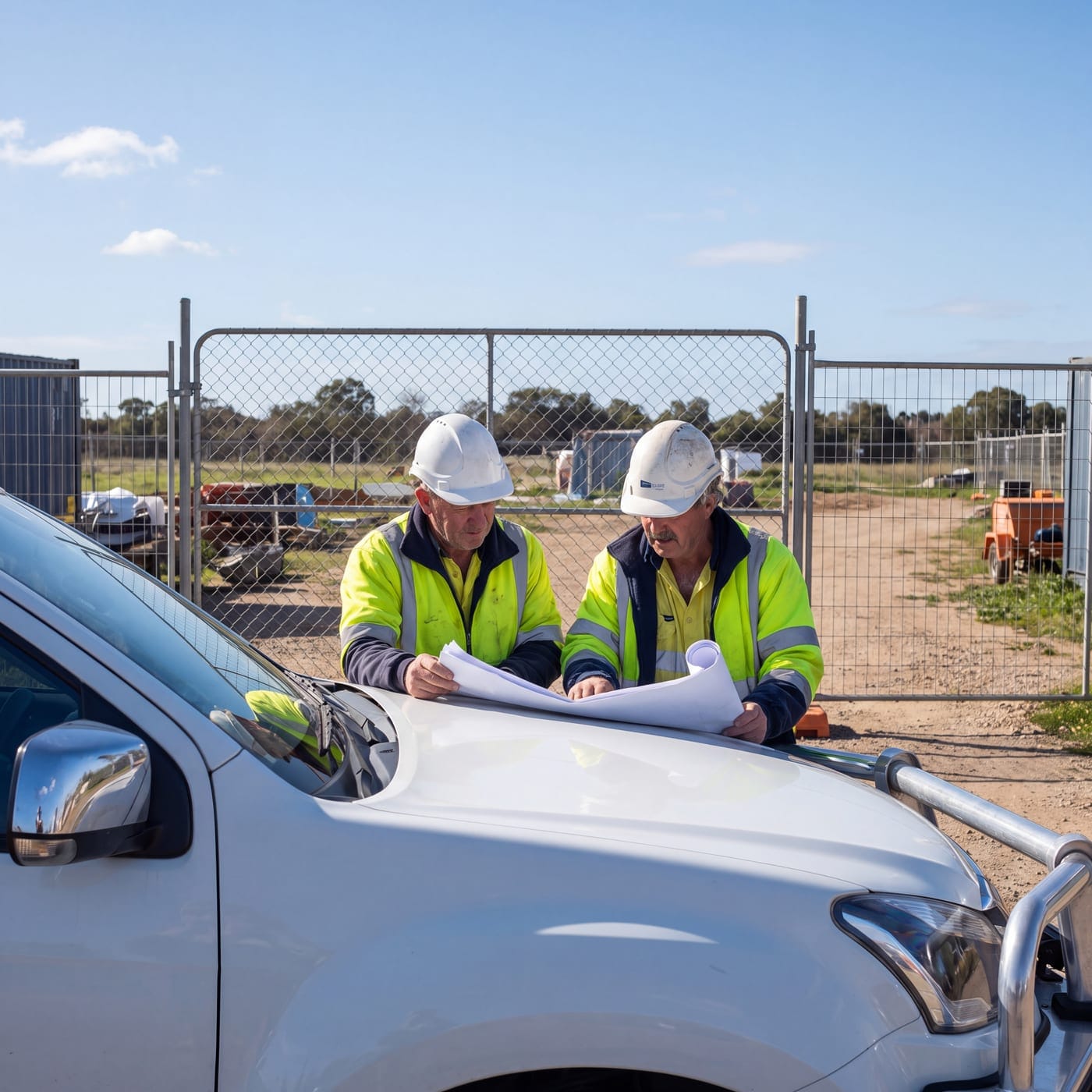 Two workers in hard hats reading plans spread on the bonnet of a ute at a site gate