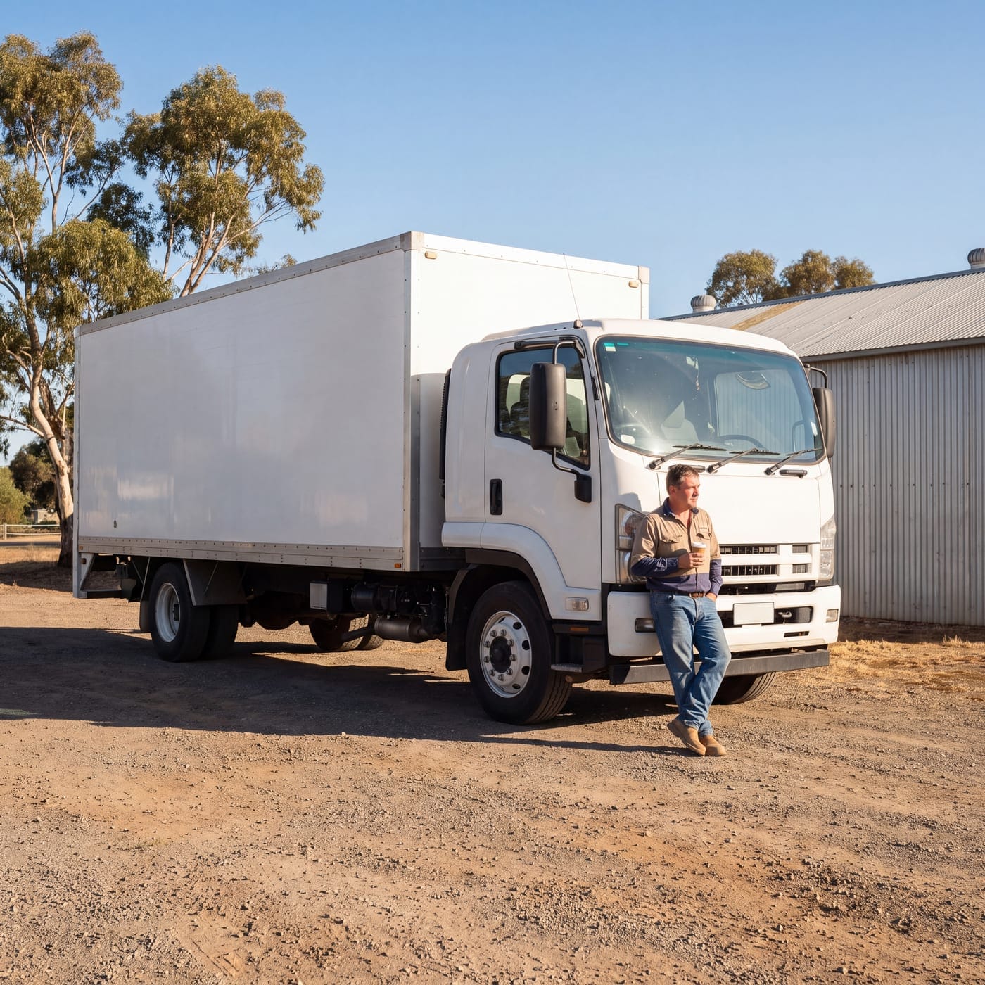 Man with a coffee leaning against the front of a white box truck