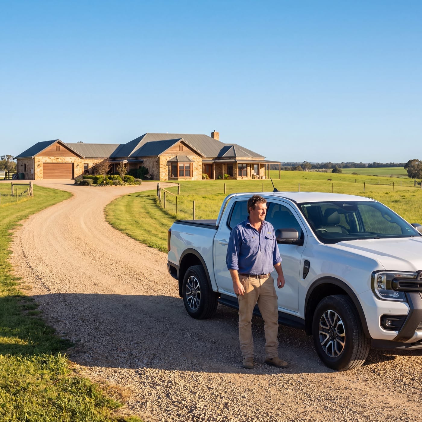 Man beside a white ute on a gravel driveway leading to a rural homestead