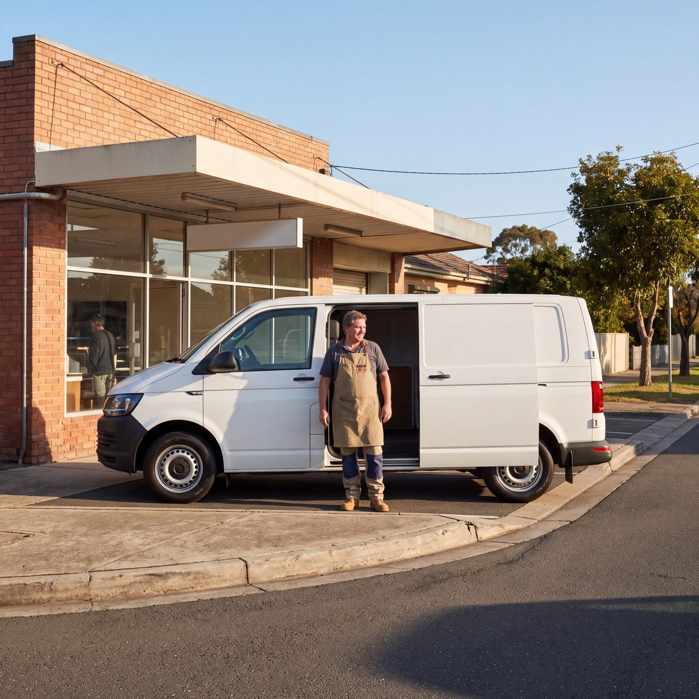 Shop owner in an apron standing at the open side door of a white van outside a shopfront